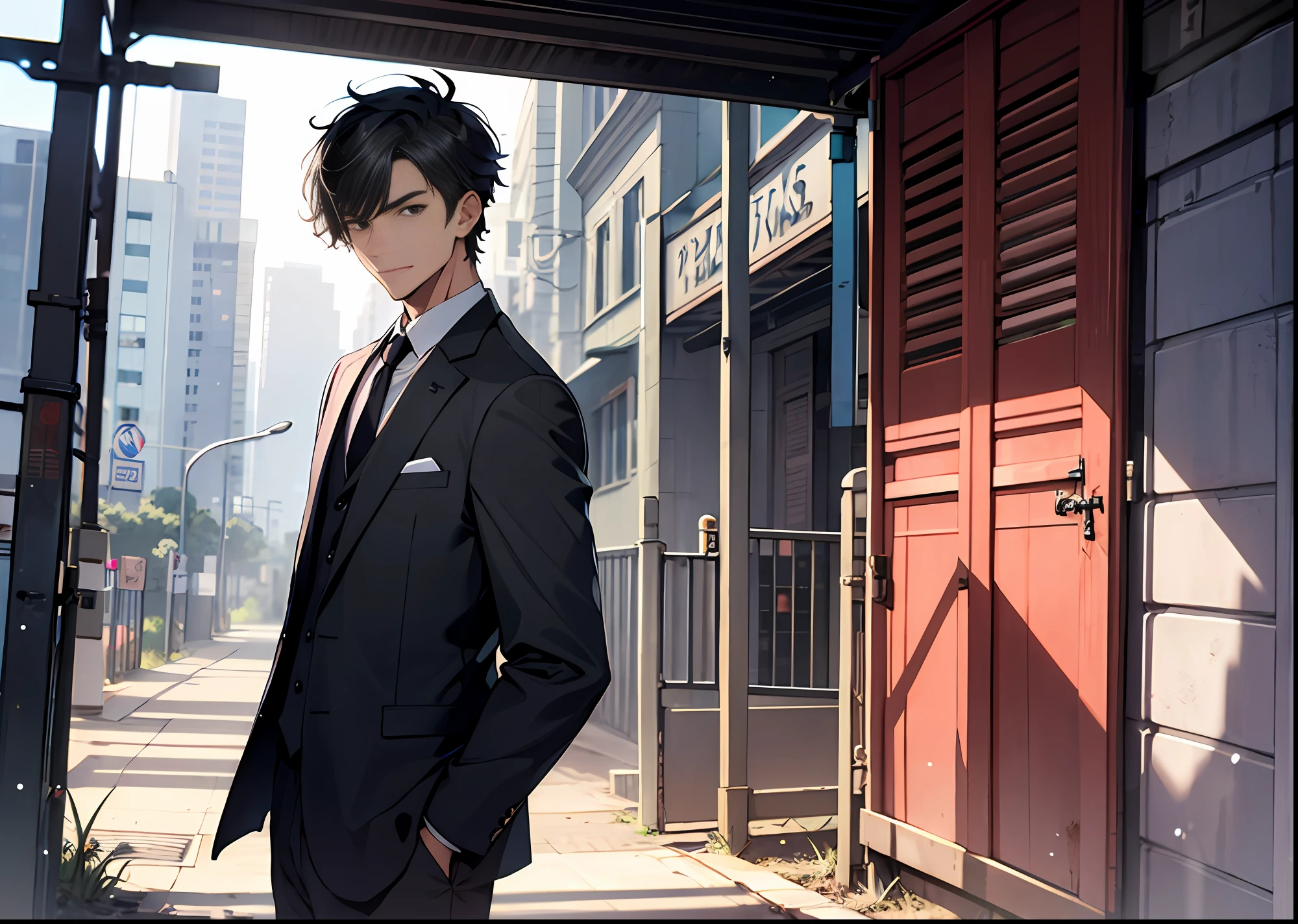 A boy, handsome face, short black hair, wearing a suit, hands in pockets, back to the camera, gate