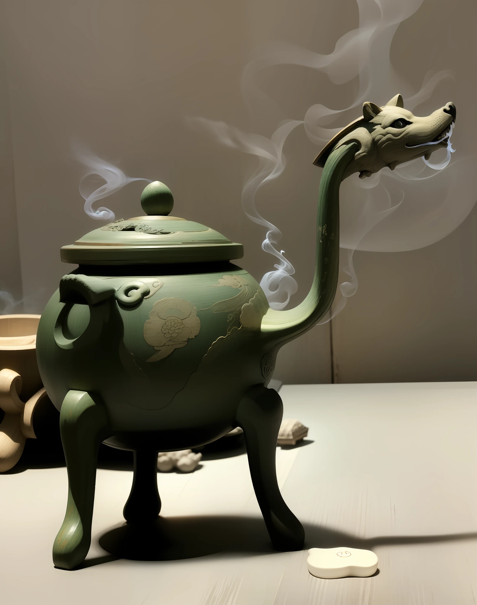 Using this picture as a reference, design a wooden incense burner, full of ancient Chinese incense burner design, with a wisp of smoke wafting around the lid, full of cultural color --auto
