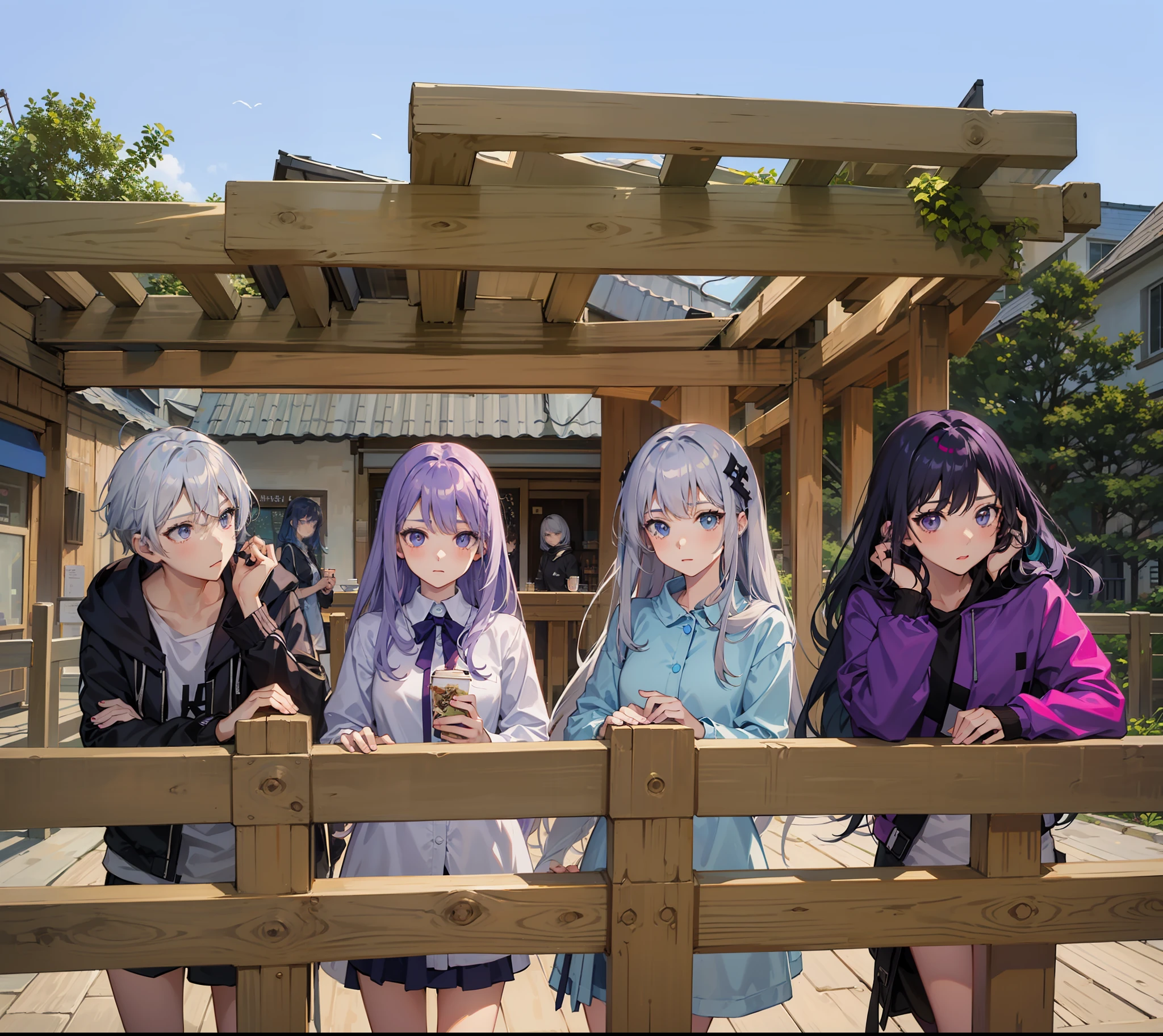 Masterpiece, four people, fence, roof, wooden floor, group photo, café, a girl with gray hair and light gray eyes, a girl with off-white hair and pink eyes, a girl with light blue hair and light blue eyes, a girl with purple hair and purple eyes, facing the camera