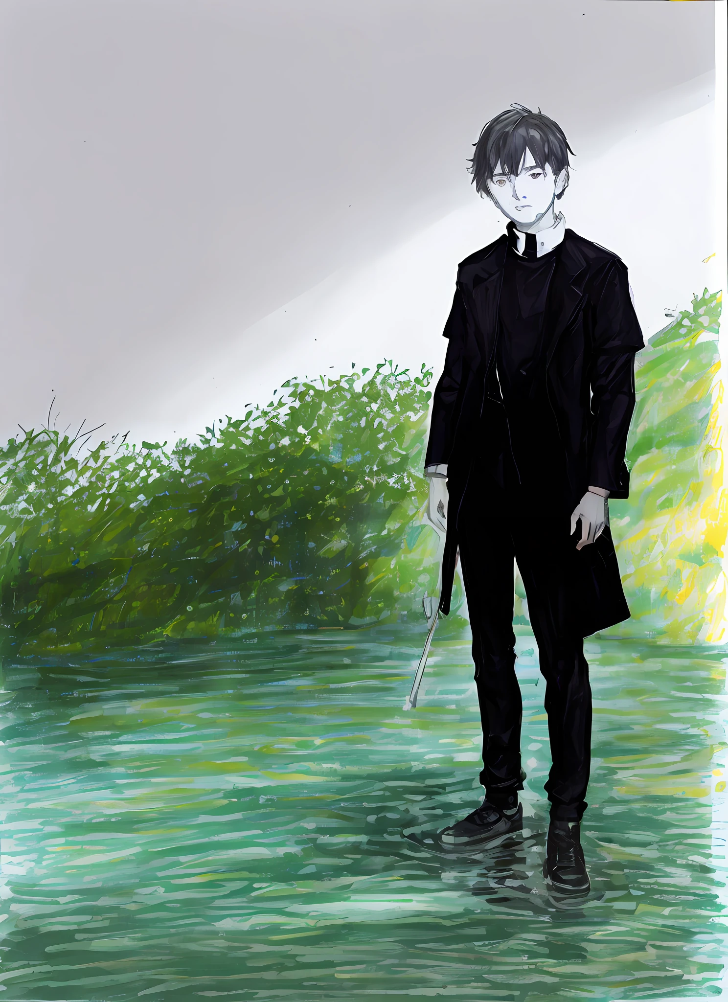 drawing of a man standing in the water with a green hill in the background, standing in a pond, standing in a lake, standing on the water ground, standing next to water, standing in a shallow river, portrait full body, fullbody portrait, standing in shallow water, full-body portrait, full - body portrait, full body portrait of a short!