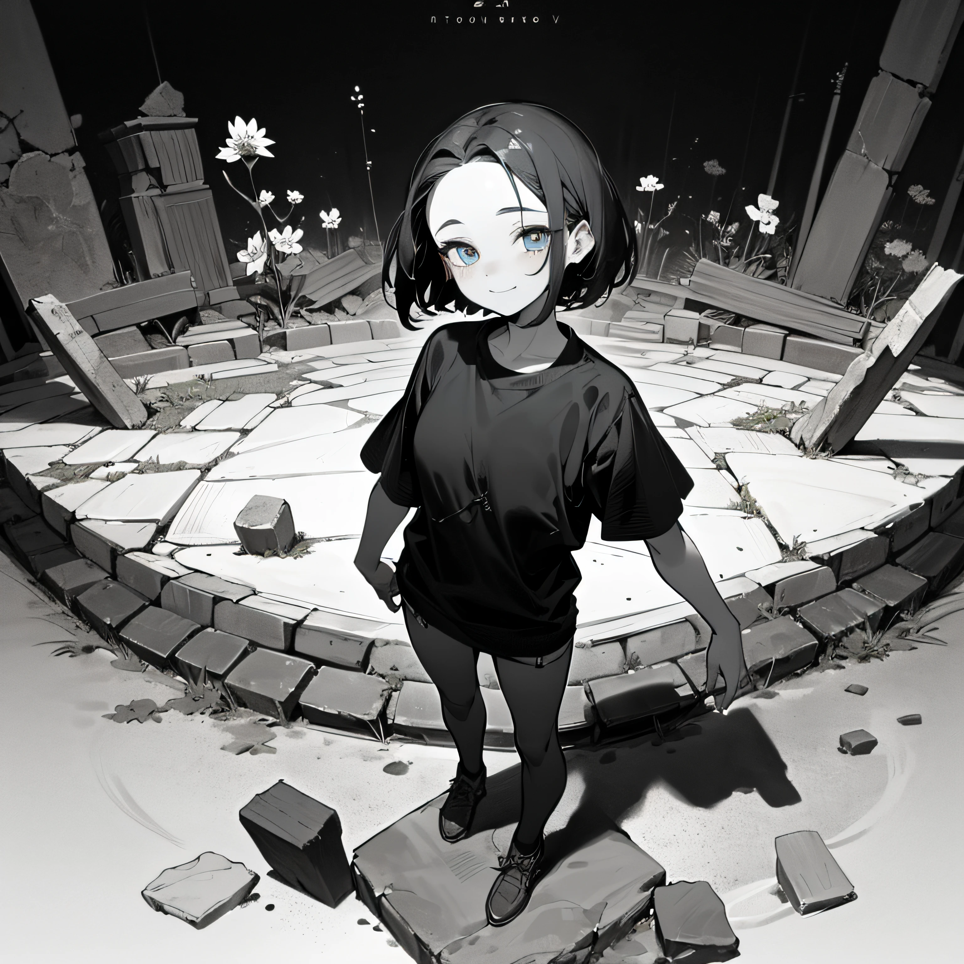 (background ancient ruins), original,(illustration:1.2 black and white),(best quality), (masterpiece:1.2), (extremely detailed 8k unit wallpaper, black and white image, made in HB graphite pencils, (panoramic photo:1.4),(full body:1.05), (splashes),((GRAFFITI)), sharp focus, 1 girl standing, with friends, (flowers, woods), outdoors, stones, make happy expressions, soft, pure smile, beautiful and detailed face and eyes, short hair, soft face, forehead --auto