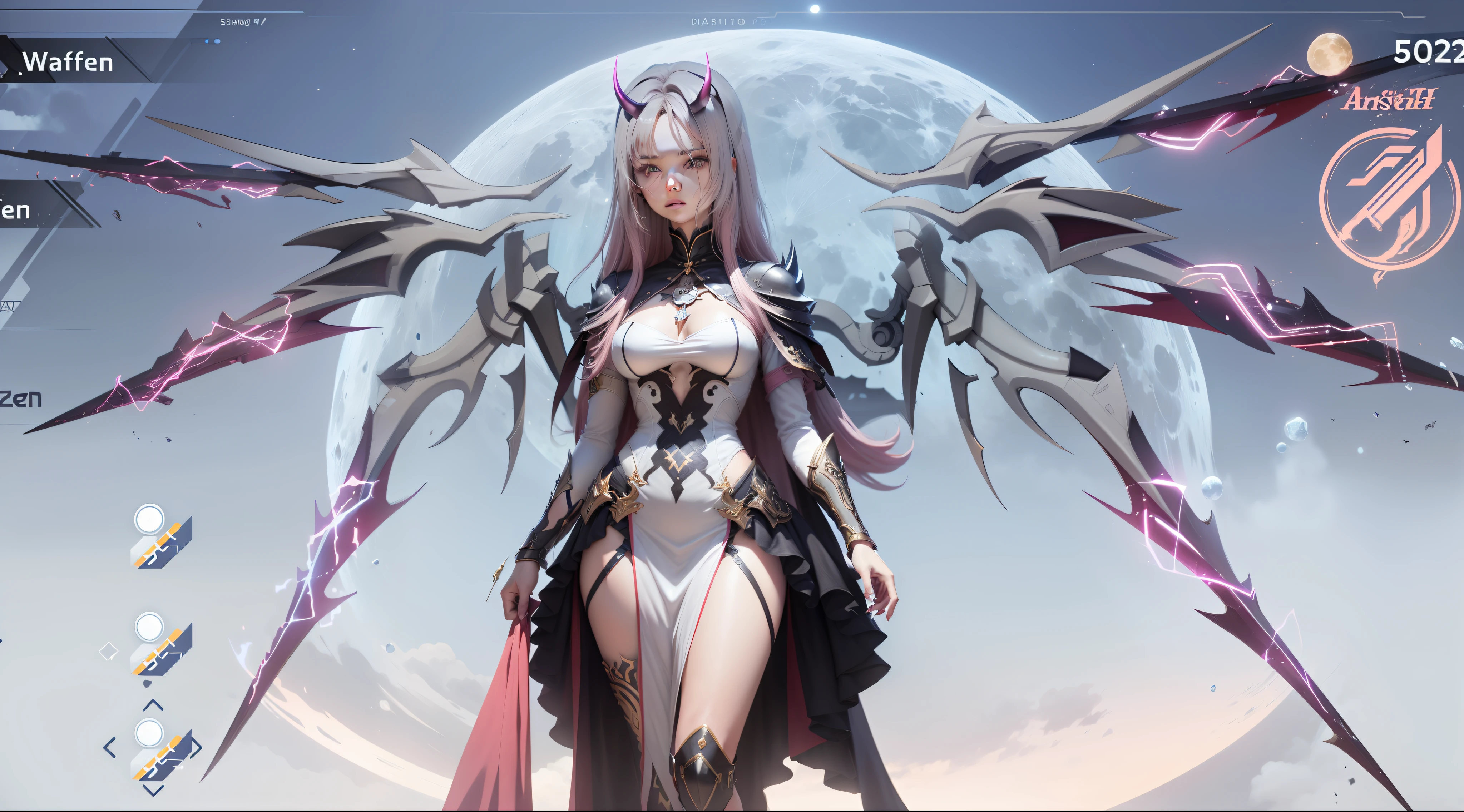 Anime character with horns and a heavy cybe parapet in the colors white dark pink standing in front of a full moon, moon clothes, fantasy outfit, in-game render, astral witch clothes, highly detailed full body, anime very detailed, clear outfit design, hair color white dark pink, 8k octae render photo, beautiful celestial demonin with large black cyborg wings on both sides