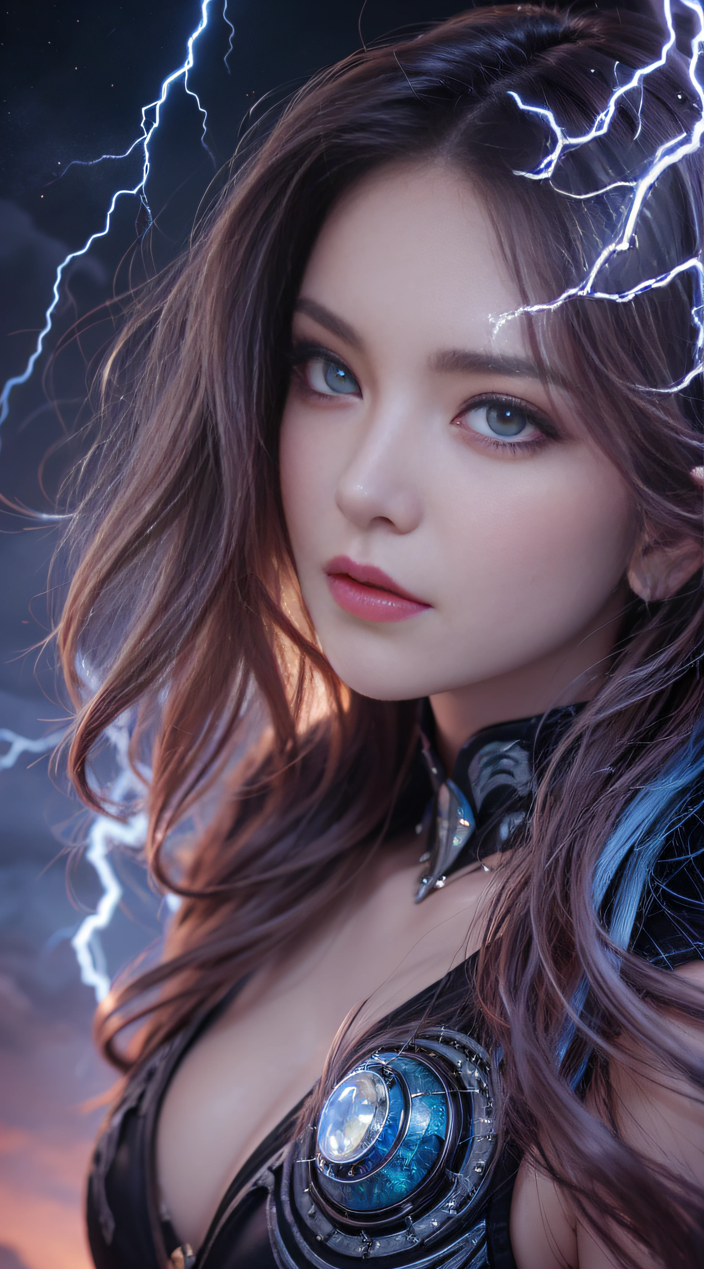 Top quality, masterpiece, ultra-high resolution, close-up portrait, upper body shot, beautiful thunder goddess, lightning spark emphasis in the eyes, intricate design, realistic details, powerful, front-facing, furious gaze, serious gaze, electrical energy coming out of her body, blue lightning emphasis, realistic lightning corona discharge enhancement, light blue particles, dark fantasy art style, hyperrealism, Realistic, dramatic lighting, film