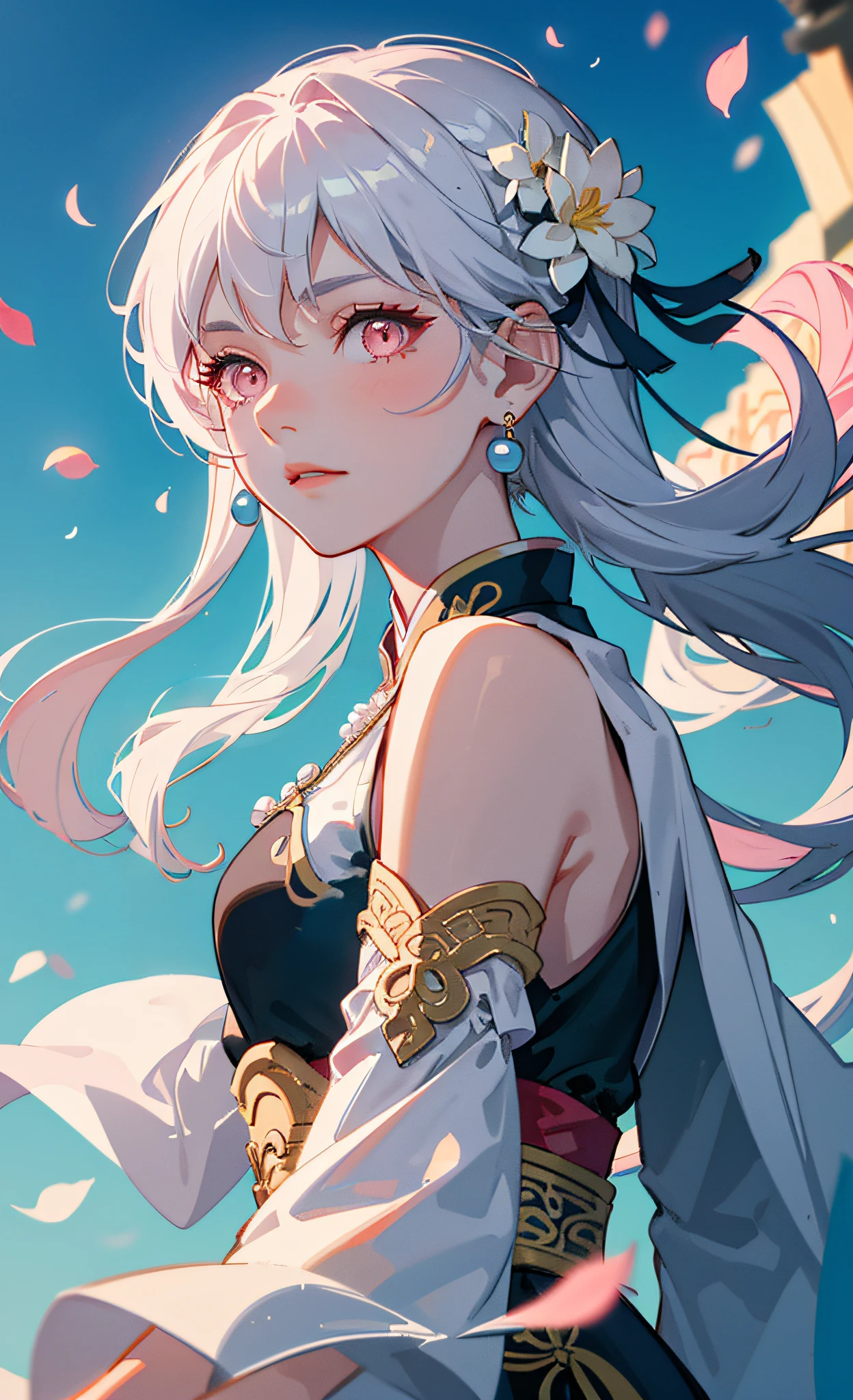 Mature girl, pink eyes, blue-white hair color, floating hair, delicate and flexible eyes, intricate damask hanfu, gorgeous accessories, wearing pearl earrings, fov, f/1.8, masterpiece, ancient Chinese architecture, blue sky, flower petals flying, front portrait lens, Chang'e, side lighting, sunlight on people, 8K