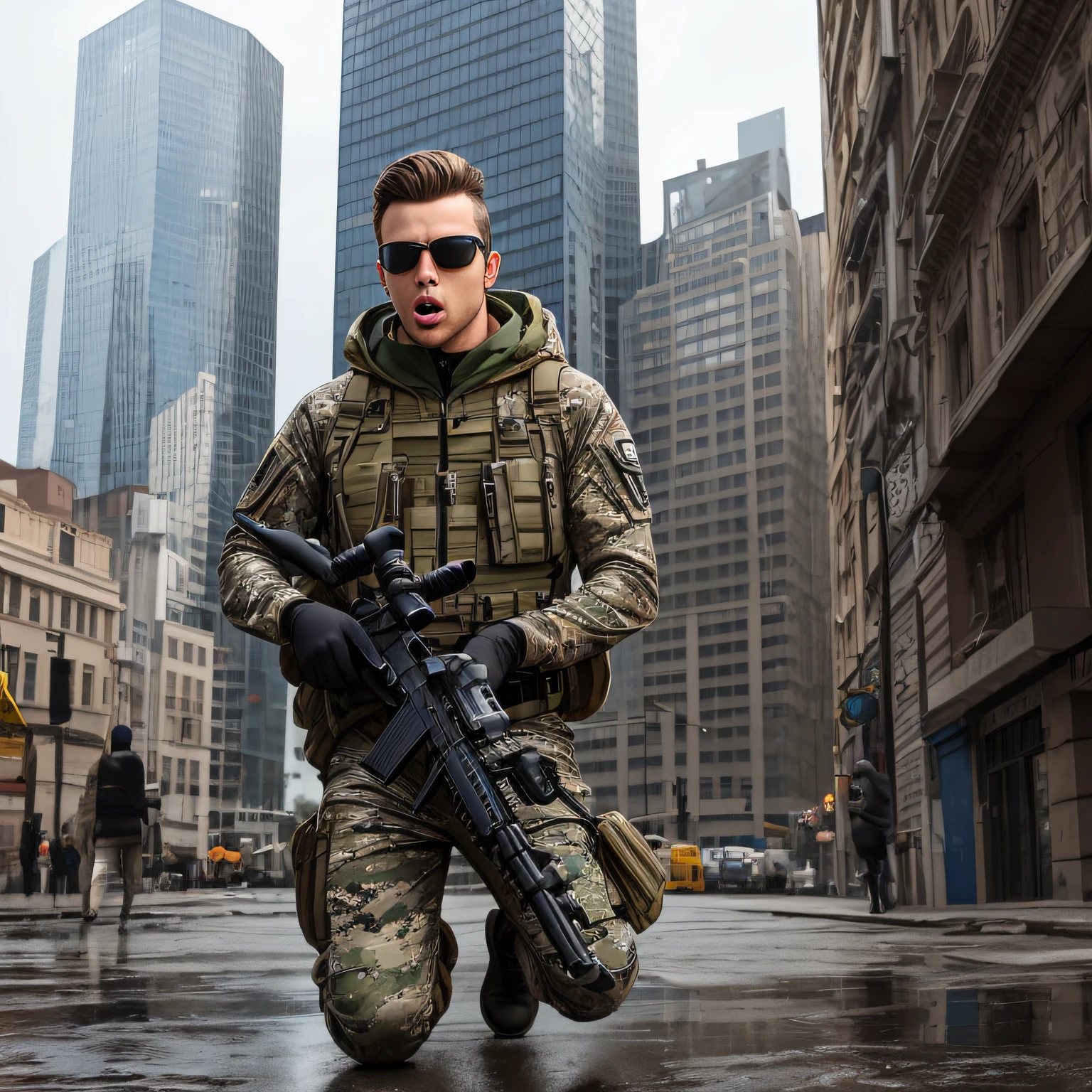 In a bustling urban high-rise, a handsome male man in camouflage sand suit, holding a sniper rifle, aiming at the target with sunglasses and ready to shoot, with a lollipop in his mouth, the weather is rainy, the face contour is clear, the picture is 8K clear, thick eyebrows and big eyes, three-dimensional facial features, kneeling posture --auto