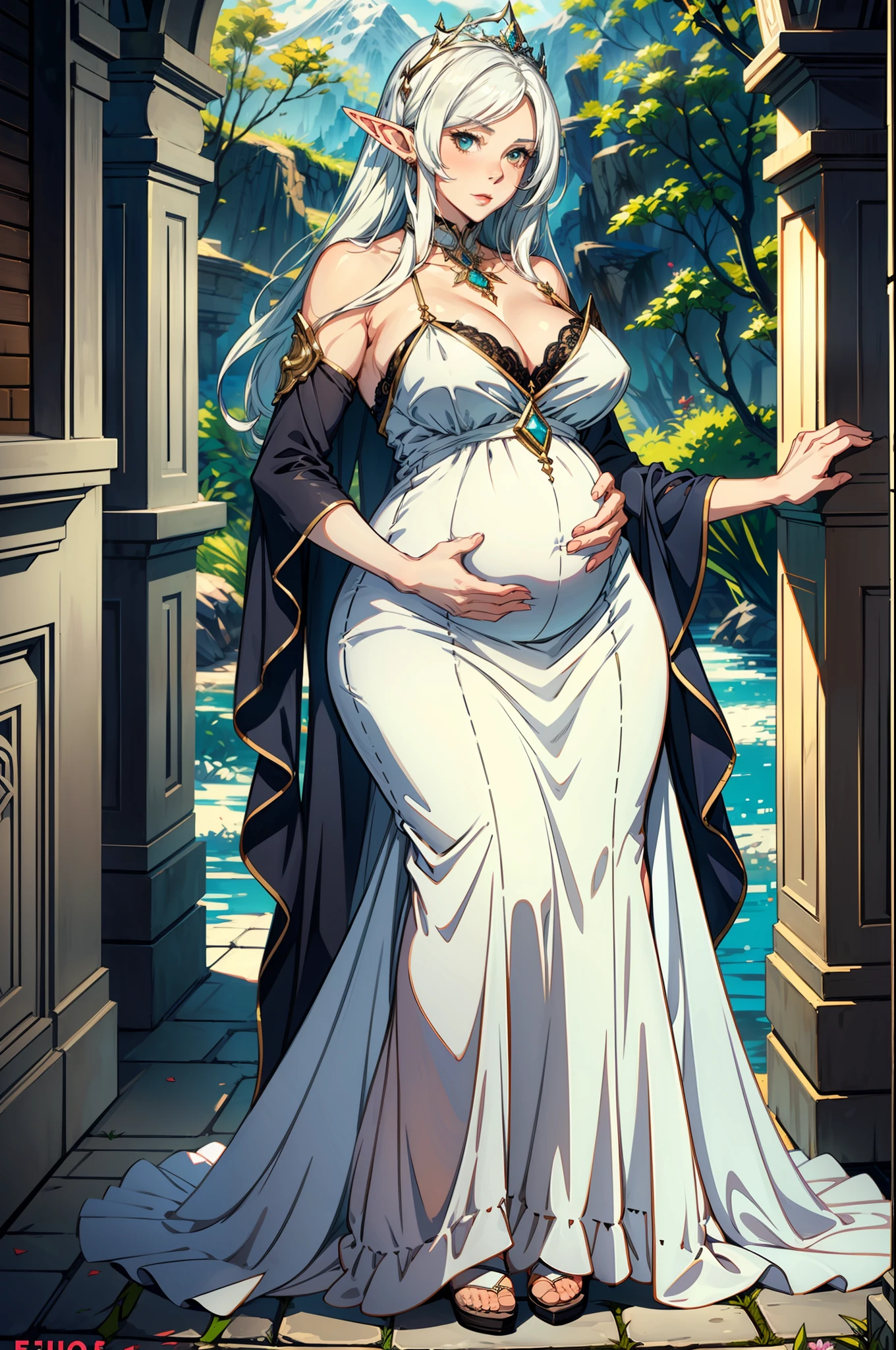 ((mature_female:1.33), elf queen), elven dress, long dress, pregnant, busty, pale skin, long white hair, cleavage, mountain view, standing, full body