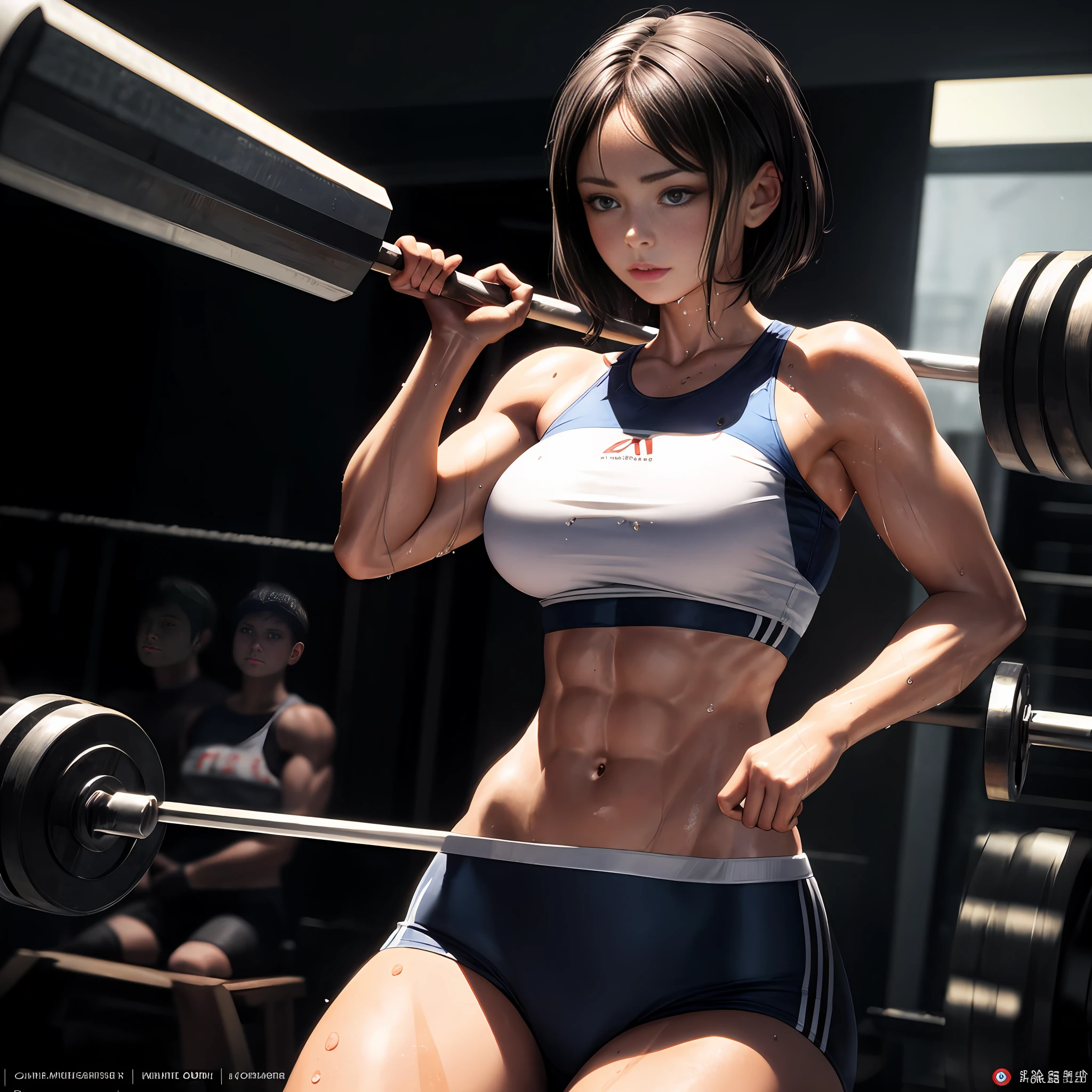 masterpiece,ultra detailed,realistic photo, 1beautiful girl, weightlifting uniform,detailed very short hair, big eyes, small delicate head,shiny skins,large breasts,tone abs,wet skins sweat,weightlifting venue,cinematic light,