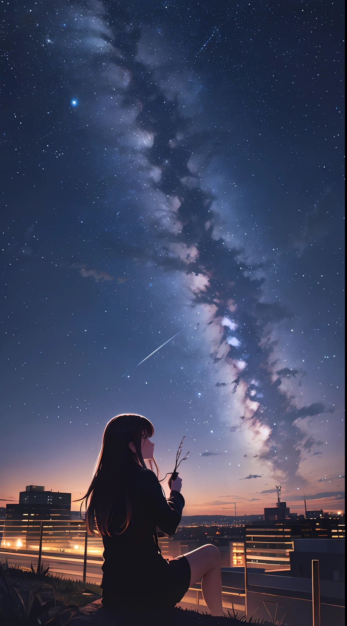 octans, sky, star (sky), scenery, starry sky, night, 1girl, night sky, solo, outdoors, building, cloud, milky way, sitting, tree, long hair, city, silhouette, cityscape --auto --s2