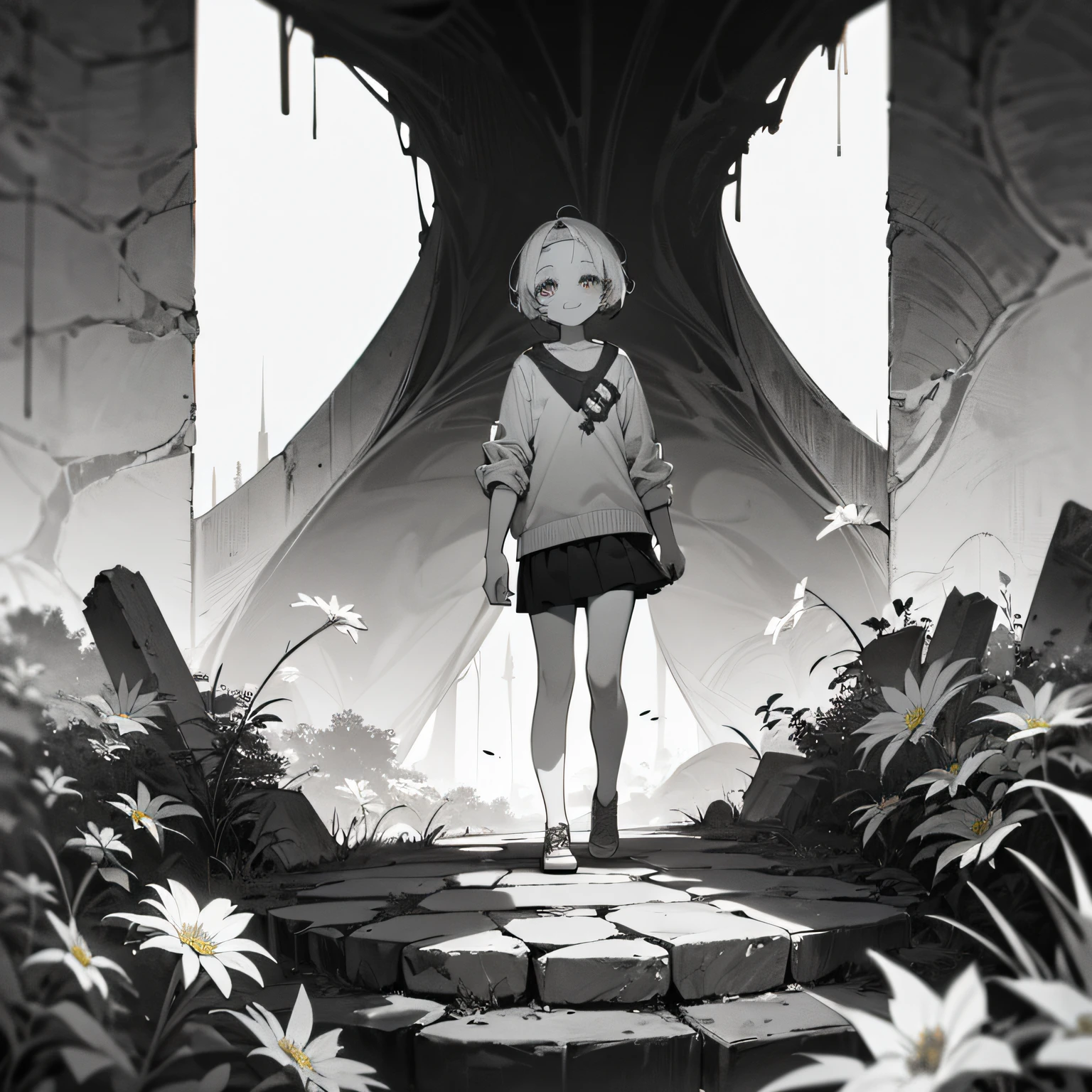 (background ancient ruins), original,(illustration:1.2 black and white),(best quality), (masterpiece:1.2), (extremely detailed 8k unit wallpaper, black and white image, made in HB graphite pencils, (panoramic photo:1.4),(full body:1.05), (splashes),((GRAFFITI)), sharp focus, 1 girl standing, with friends, (flowers, woods), outdoors, stones, make happy expressions, soft, pure smile, beautiful and detailed face and eyes, short hair, soft face, forehead --auto
