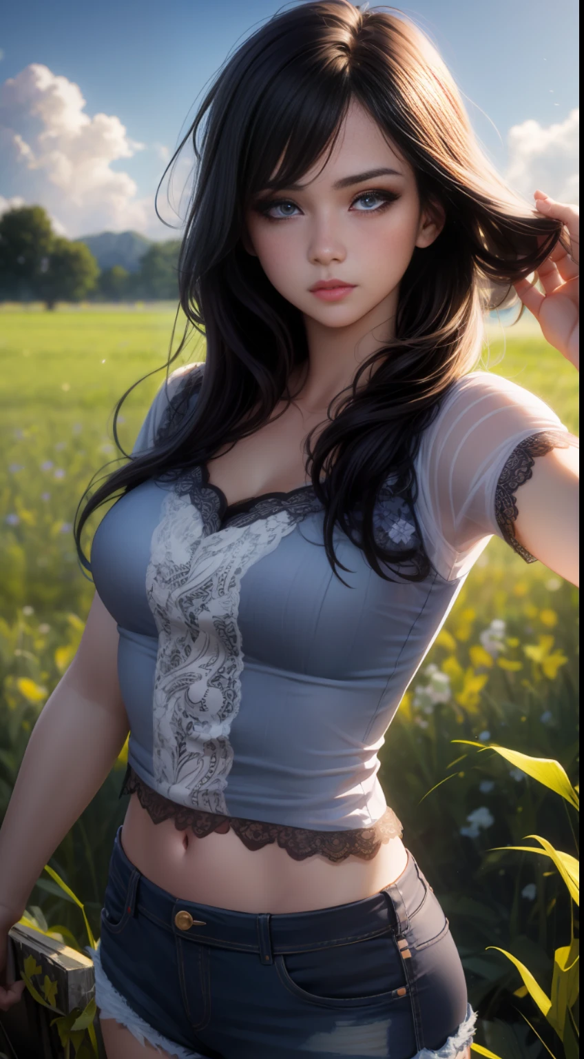 Realistic, (1girl), flowing hair, purple eyes, glowing eyes, seductive pose, summer, lace shirt, denim shorts, parted lips, blush, natural shadows, (field background: 1.2), depth of field, global illumination,