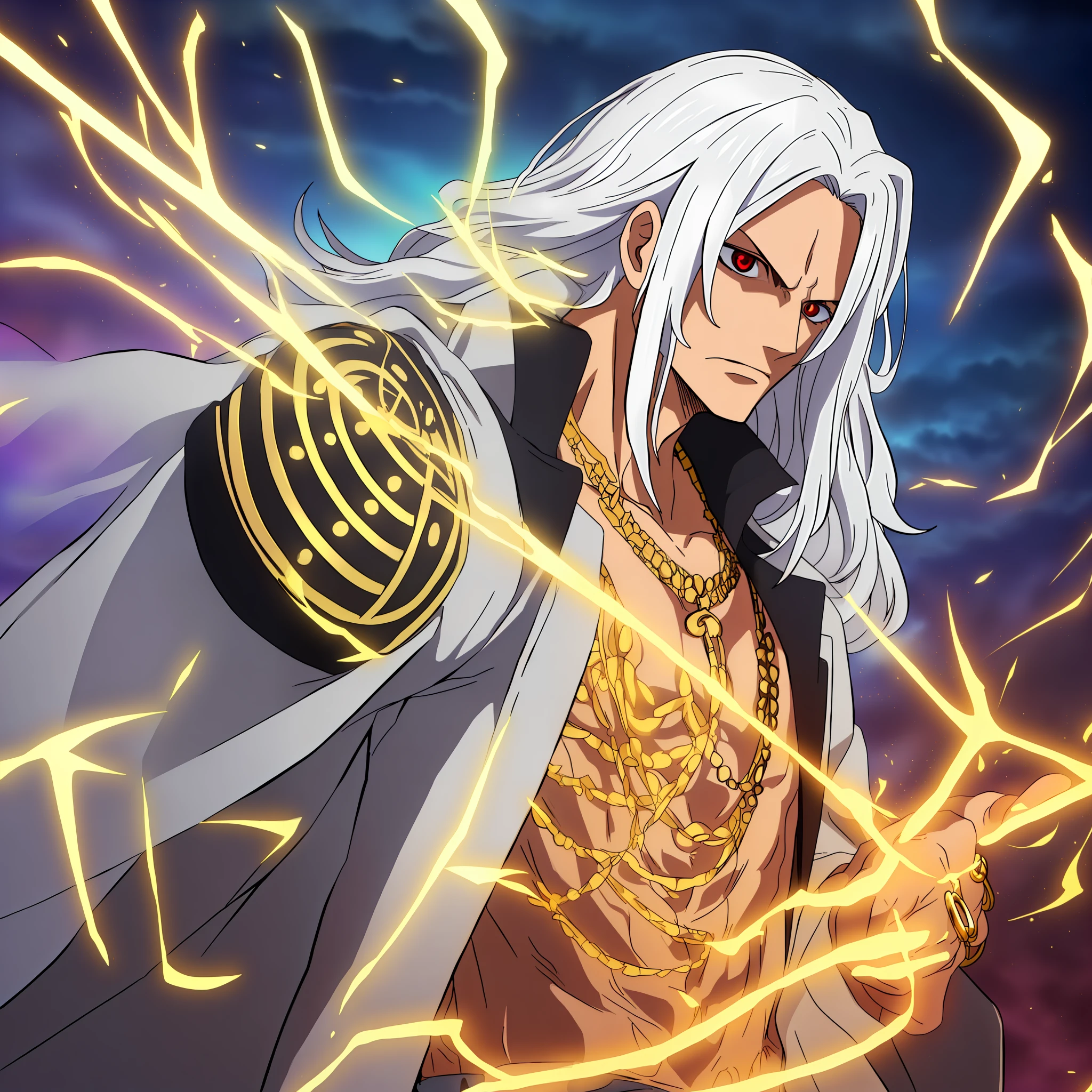 Highest quality, finely crafted lighting, young adult male, long back hair, gray multicolored hair, hair in stir, highlighted red eyes, night environment, lightning, sky with rays, divine style clothes, gold necklaces, white overcoat, gold rings