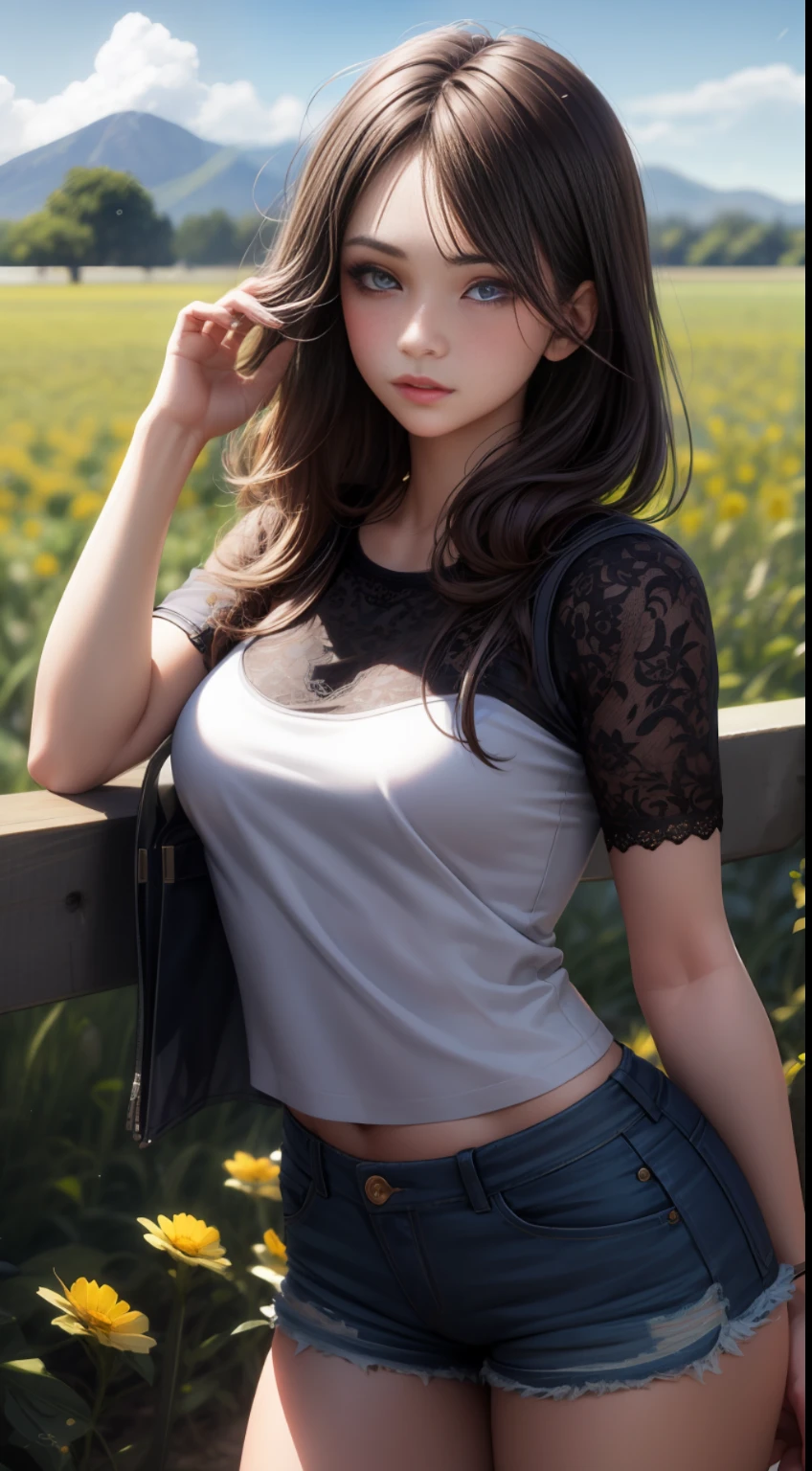 Realistic, (1girl), flowing hair, purple eyes, glowing eyes, seductive pose, summer, lace shirt, denim shorts, parted lips, blush, natural shadows, (field background: 1.2), depth of field, global illumination,