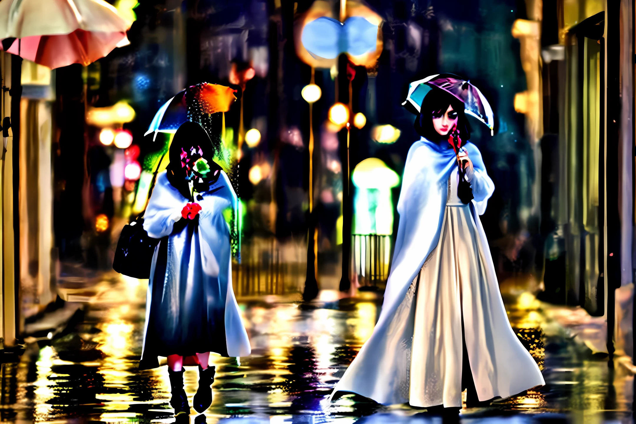 London, England, it is raining at night, a girl with short black hair is holding a delicate white umbrella walking on the brightly lit street, the girl is wearing a white cloak and stepping on black small leather boots, holding a bouquet of white white roses, watery big eyes, almond eyes, cherry red lips, small face with big palms, hair is black, and white dress under the cape, beautiful and moving
