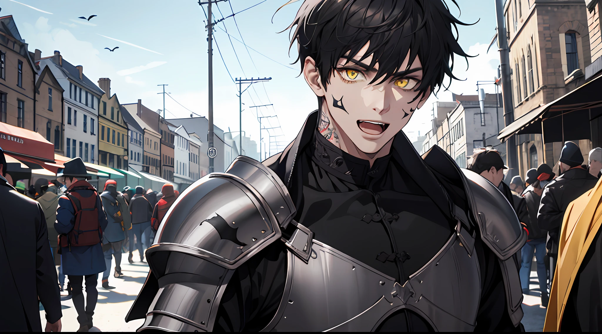(ridiculous, high resolution, super detailed), (1 male), tall, wearing pale black armor, yellow eyes, evil charm, short black back hair, town background, medieval style, crowd onlookers, (tattoo on face), open mouth