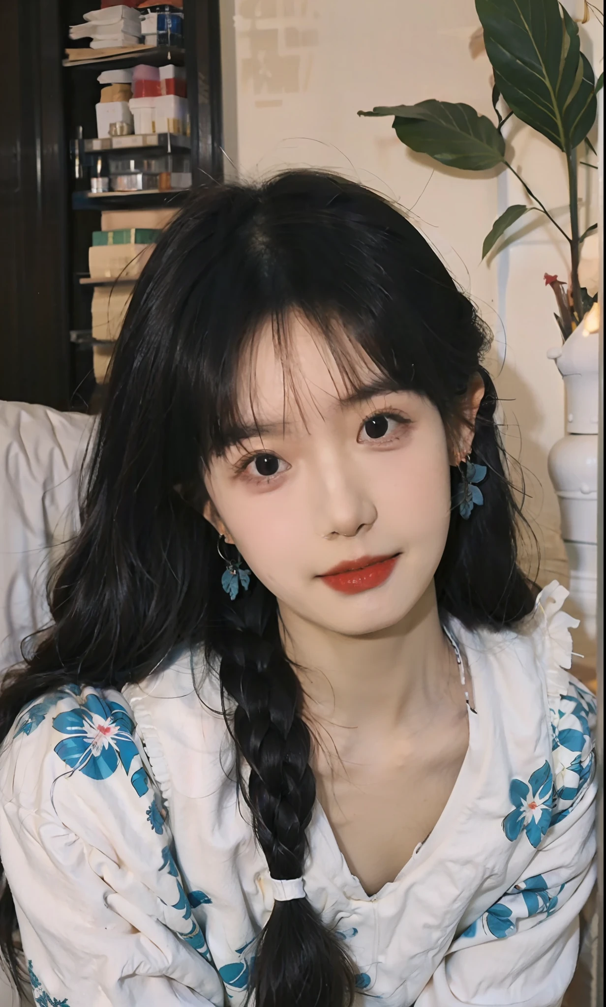 Lazy kneeling on soft sofa, black silk stockings, wife's hairstyle, mature woman, long hair with one-sided twisted braids, blue-tailed butterfly cheongsam, delicate earrings, bright starlight, flushed face, back photo