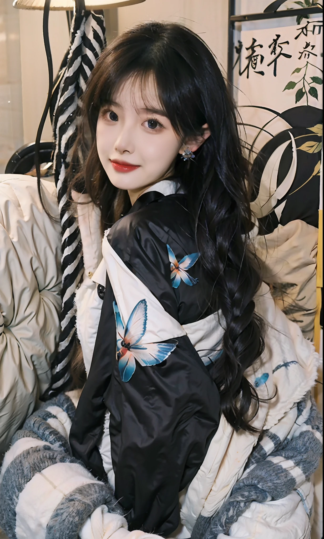 Lazy kneeling on soft sofa, black silk stockings, wife's hairstyle, mature woman, long hair with one-sided twisted braids, blue-tailed butterfly cheongsam, delicate earrings, bright starlight, flushed face, back photo