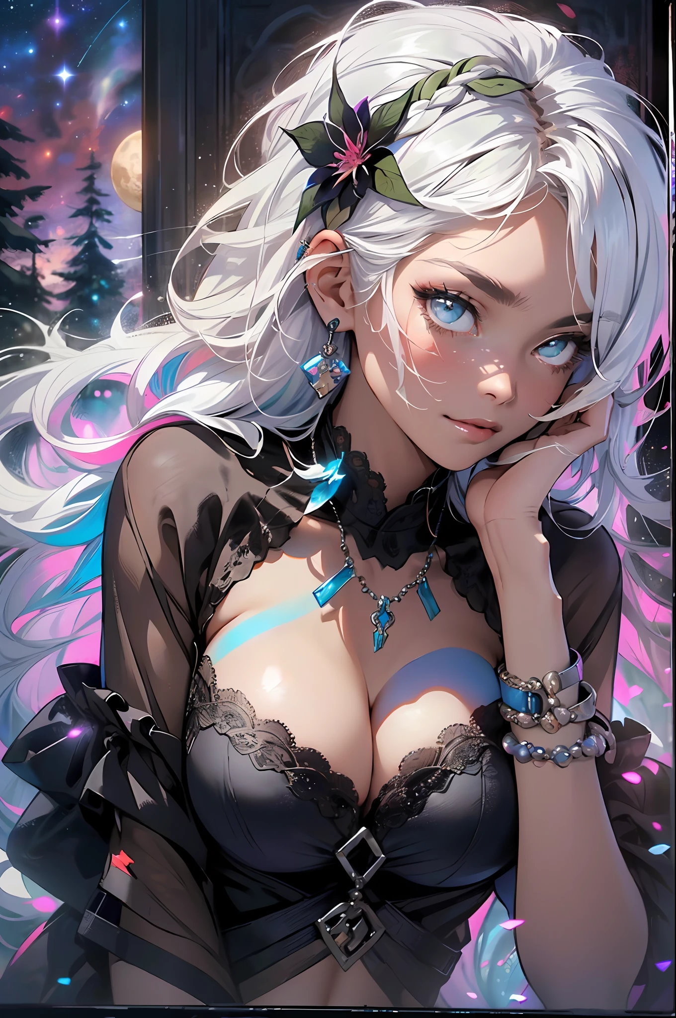 ((( WHITE HAIR, [PERFECT REALISTIC EYES]))), ((( HOLDING A BRAID IN HIS HANDS,))) ultra realistic 8k CG, perfect face, flawless, clean, masterpiece, professional work of art, famous art, cinematic lighting, cinematic flower, perfect face, beautiful face, beautiful eyes, (((( perfect female body, narrow waist))), GOCHIC, real, SINISTER, BLACK HOOD, WIDE SMILE, (DARK SETTING), fantasy, MACABRO, unreal, science fiction,  (huge breasts), BLACK clothing, lace, lace trim, lace socks, nsfw, chest out, absurdly long hair, very long hair, (saturated: 1.4), SKULLS AROUND, intricate detail, delicate pattern, sexy, charming, seductive, seductive, erotic, charming, hair ornament, necklace, earrings, bracelet, armband, looking at the viewer, in the forest, willow trees, river, galaxy, starry multicolored sky, 3 moons