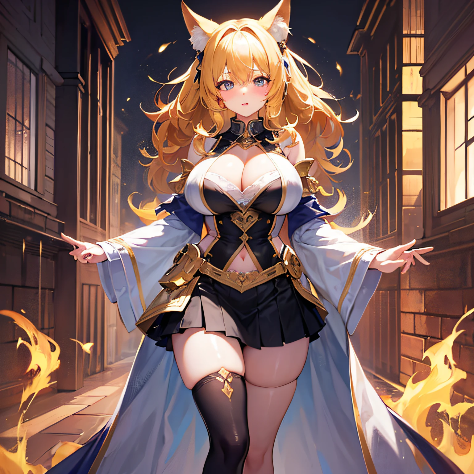 Absolutely beautiful fox girl, perfect slim body, mature royal sister face, yellow hair, large curly hair, college uniform, sexy and seductive, beautiful face, full body portrait, standing pose, 4K picture quality, feminine expression, blush shyness, deep eyes, huge breasts, short skirt, battle fire magic. The bust is huge