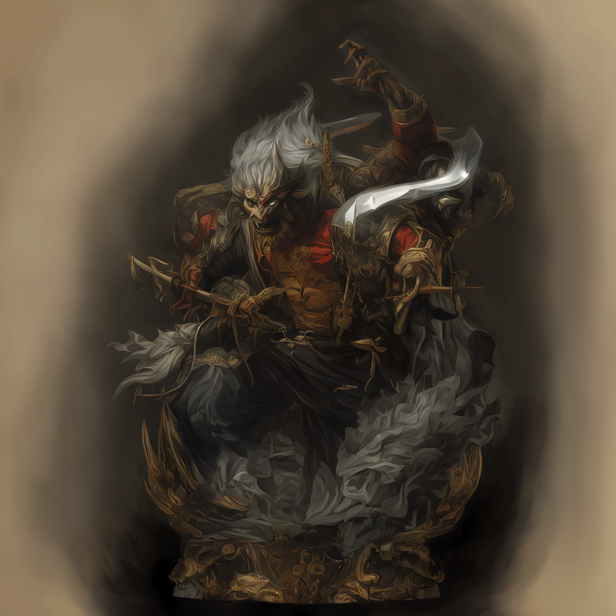 The image of a man with two swords, dressed in traditional clothing, and a monster holding a sword behind him.bagan background,detail portrait,closeup view,black and gray ,sketch
