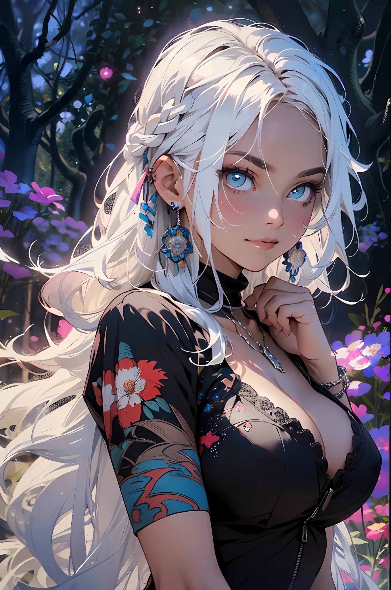 ((( WHITE HAIR, [PERFECT REALISTIC EYES]))), ((( HOLDING A BRAID IN HIS HANDS,))) ultra realistic 8k CG, perfect face, flawless, clean, masterpiece, professional work of art, famous art, cinematic lighting, cinematic flower, perfect face, beautiful face, beautiful eyes, (((( perfect female body, narrow waist))), GOCHIC, real, SINISTER, BLACK HOOD, WIDE SMILE, (DARK SETTING), fantasy, MACABRO, unreal, science fiction,  (huge breasts), BLACK clothing, lace, lace trim, lace socks, nsfw, chest out, absurdly long hair, very long hair, (saturated: 1.4), SKULLS AROUND, intricate detail, delicate pattern, sexy, charming, seductive, seductive, erotic, charming, hair ornament, necklace, earrings, bracelet, armband, looking at the viewer, in the forest, willow trees, river, galaxy, starry multicolored sky, 3 moons