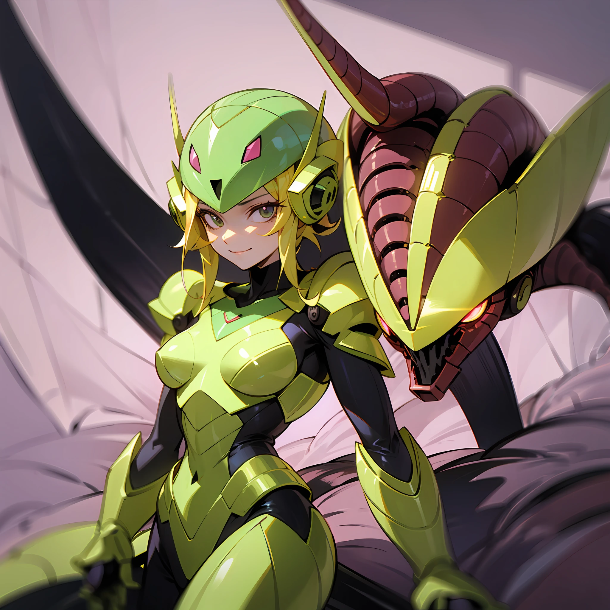 Hot insect shell woman, Guyver style, evil smile, scaraber reploid, bellows tail, cel shade adult animation, alien queen, metroid suit