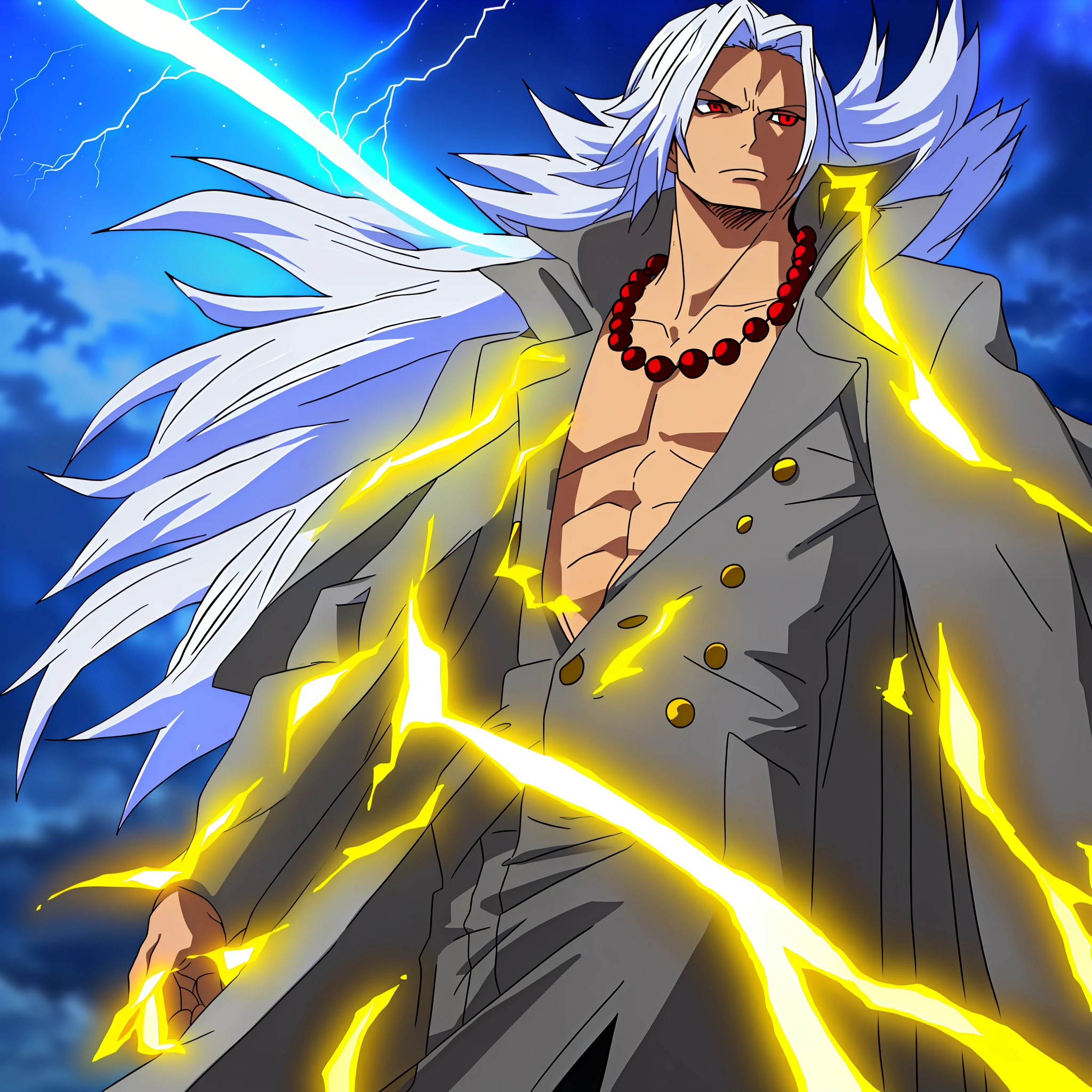 Highest quality, finely crafted lighting, young adult male, long back hair, gray multicolored hair, hair in stir, highlighted red eyes, night environment, lightning, sky with rays, divine style clothes, gold necklaces, white overcoat, gold rings