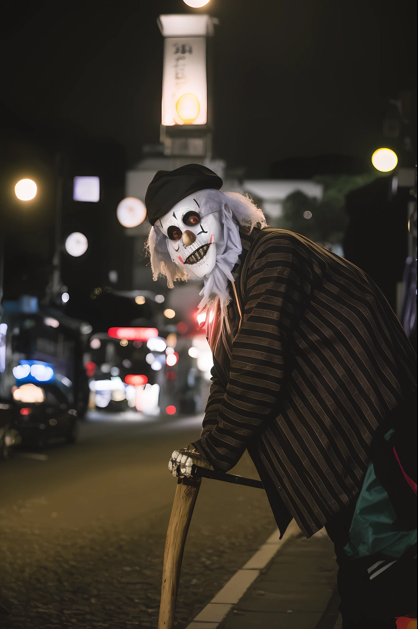 arafed man with a skeleton face and a cane on a street, creepy sigma 75mm, old man in tokyo at night, man in a jester costume, by Emma Andijewska, taken in the night, on a street at night, clown, exclusive, the clown is far from the camera, halloween, old man doing with mask, scary clown