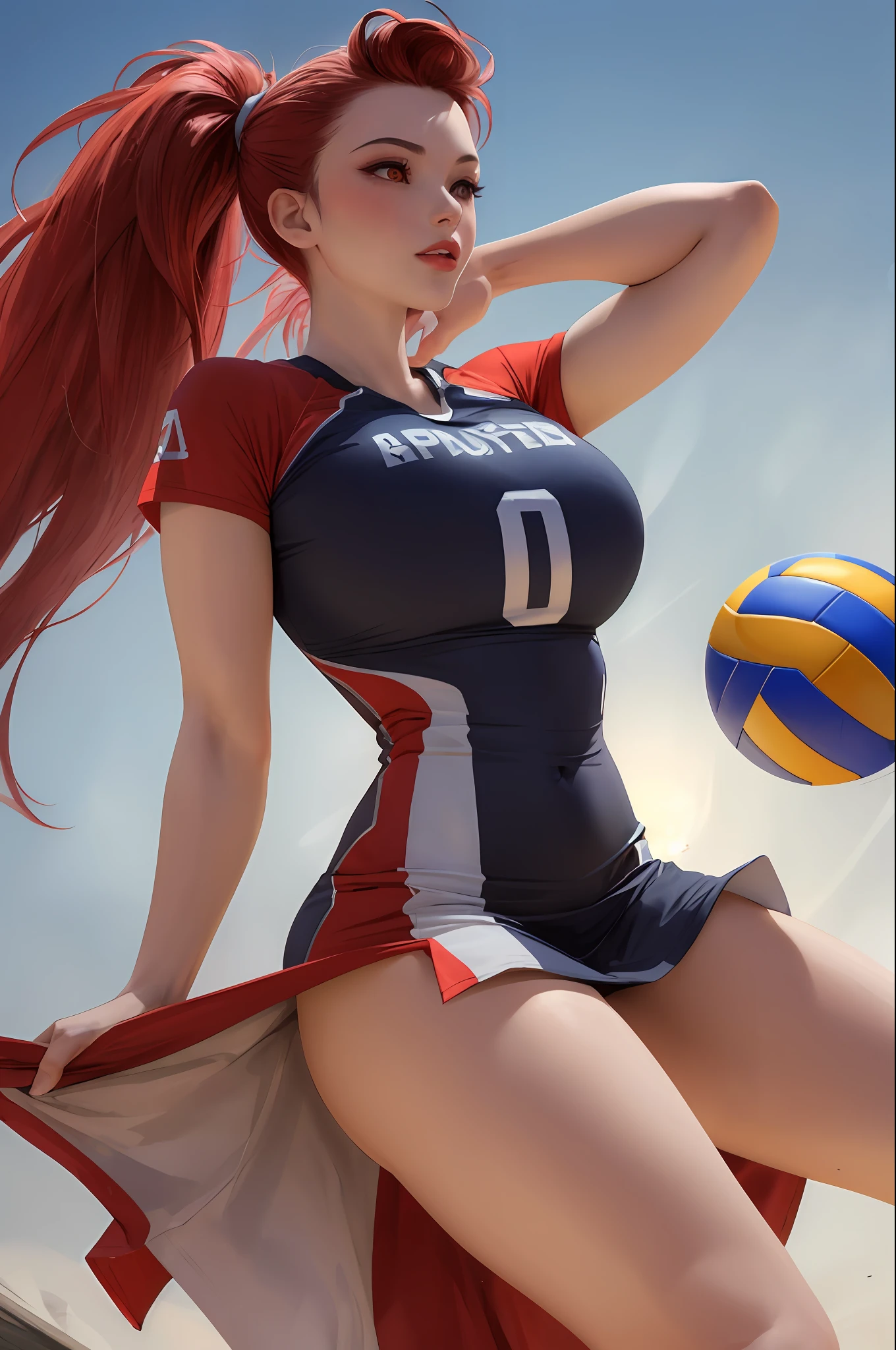 Masterpiece: 1.2, Best Quality), Realism, (Real Pictures, Intricate Details, Depth of Field), (1girl, Solo), Makeup, Lip Parting, High Detail, Perfect Face, (Huge Tits: 1.4), (Skindentation), Thick Thighs, Wide Buttocks, Thin Waist, Tall, Coral Lips, Red Hair, Red Eyes, Ponytail, (Low Split Dress for Girl Playing Volleyball), Sexy, Blushing,