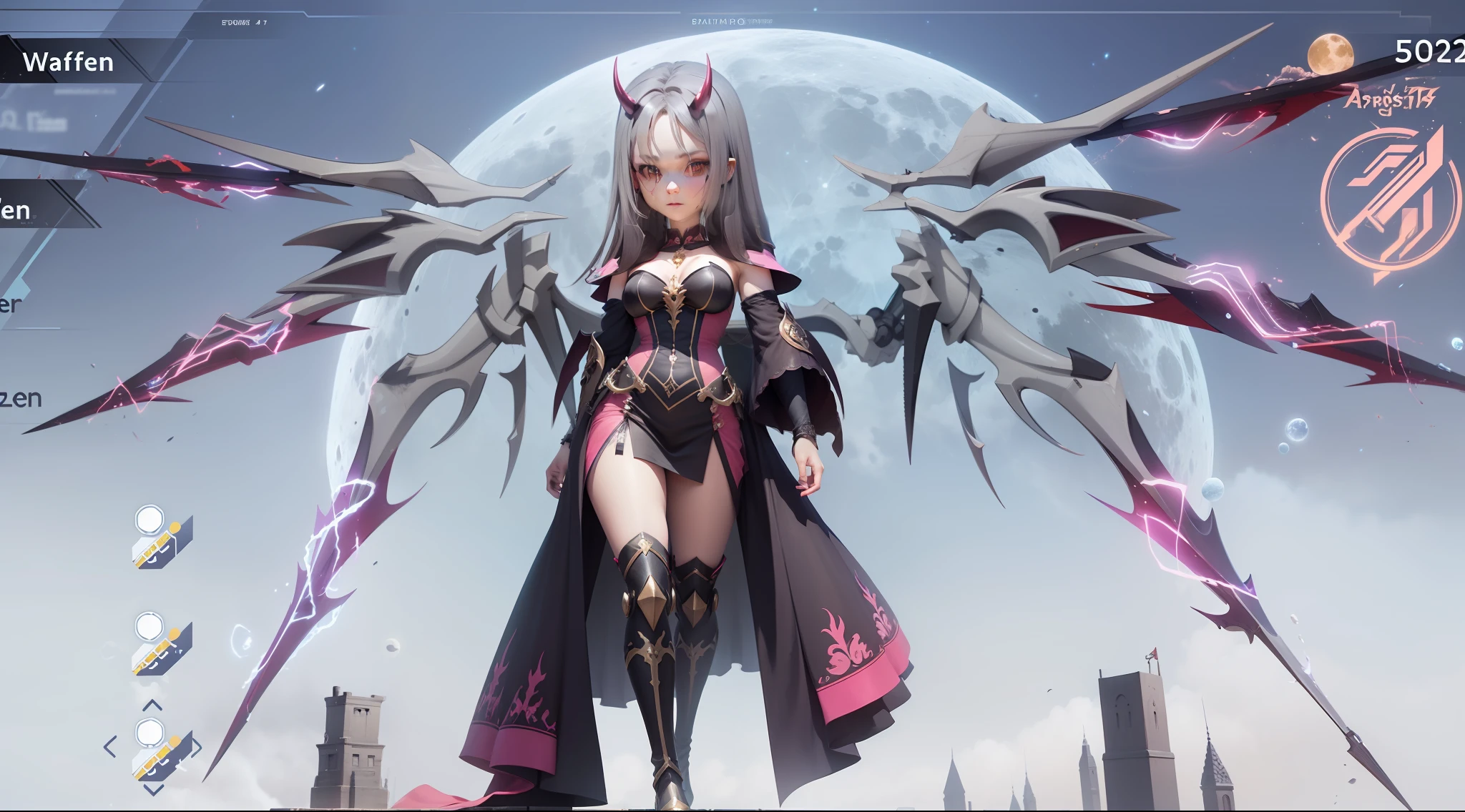 Anime character with horns and a heavy cybe parapet in the colors white dark pink standing in front of a full moon, moon clothes, fantasy outfit, in-game render, astral witch clothes, highly detailed full body, anime very detailed, clear outfit design, hair color white dark pink, 8k octae render photo, beautiful celestial demonin with large black cyborg wings on both sides