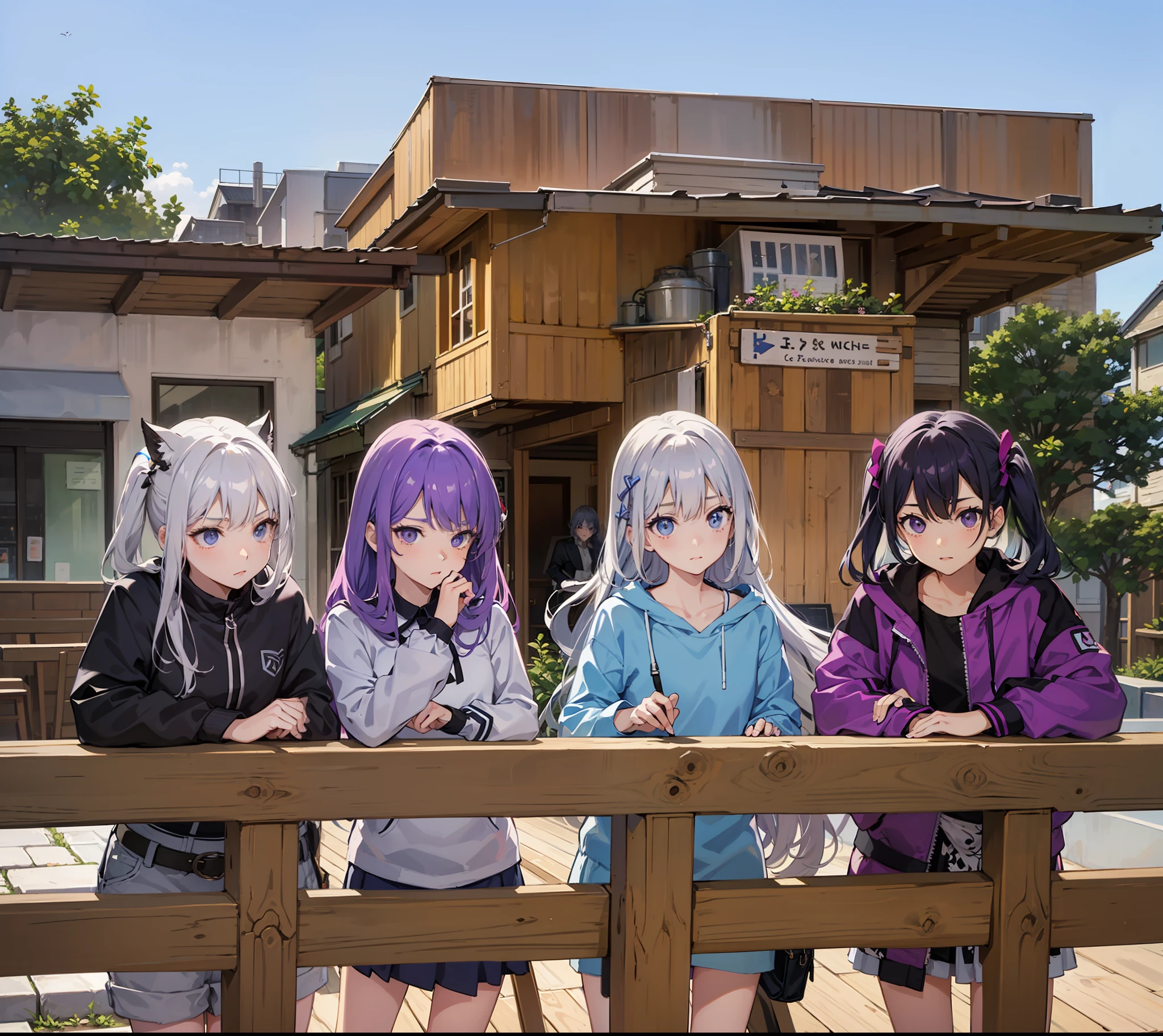 Masterpiece, four people, fence, roof, wooden floor, group photo, café, a girl with gray hair and light gray eyes, a girl with off-white hair and pink eyes, a girl with light blue hair and light blue eyes, a girl with purple hair and purple eyes, facing the camera