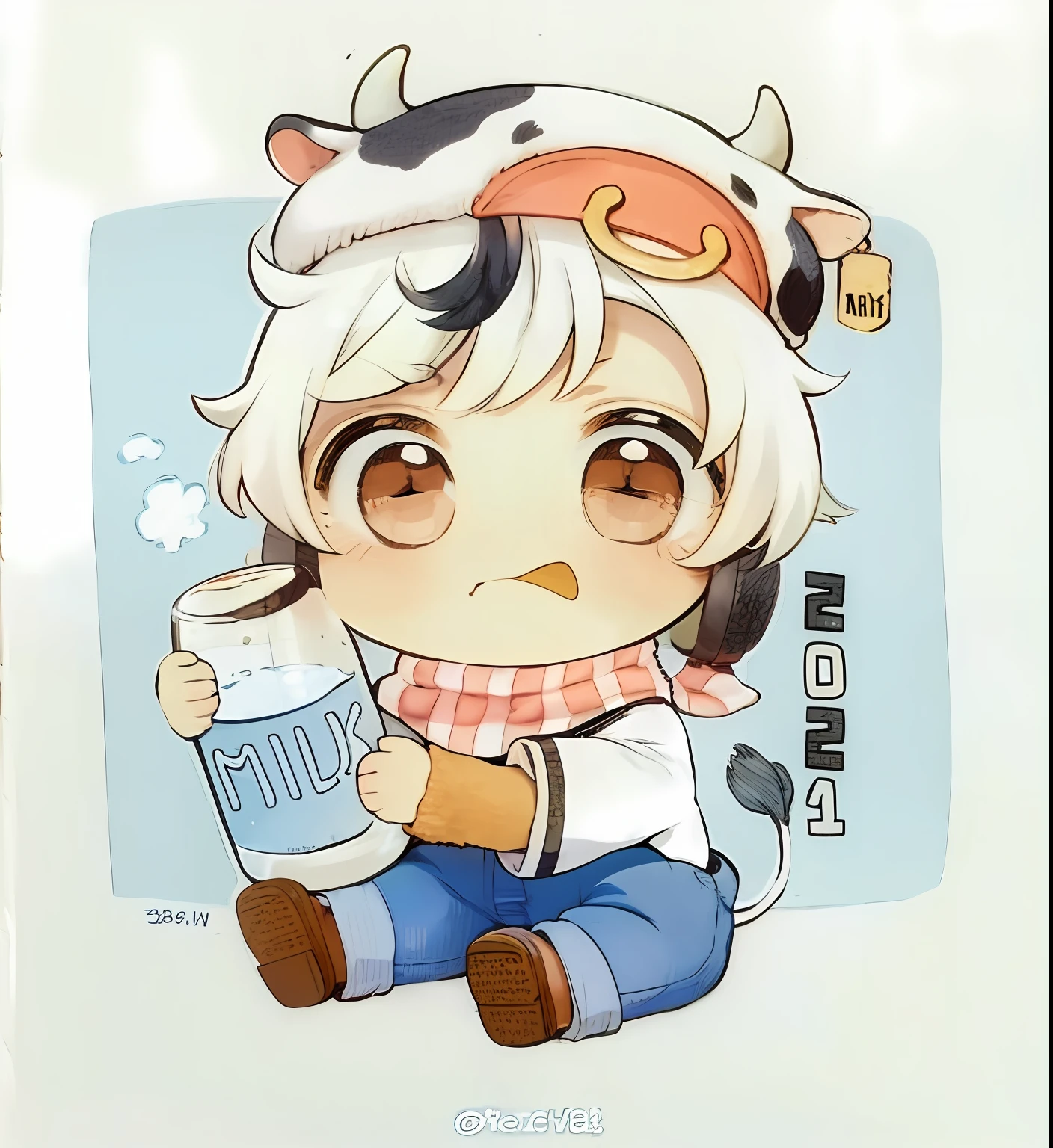 Anime character with cow hat holding a glass of milk, high quality fanwork, cow