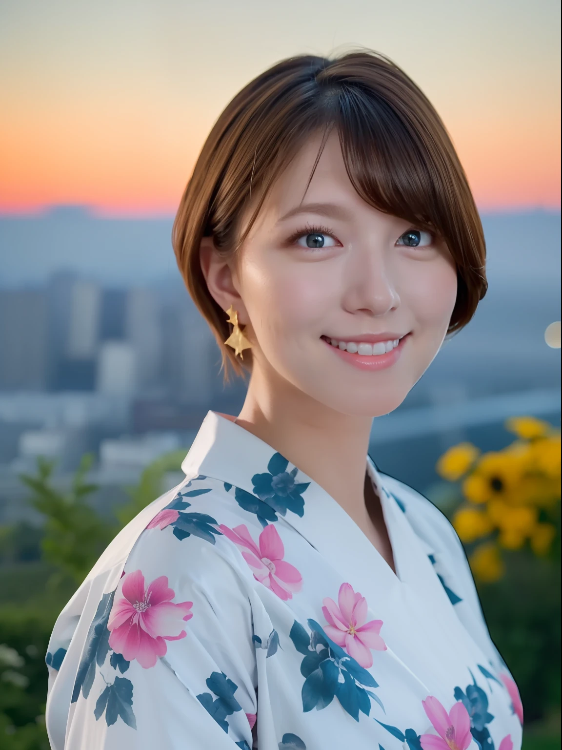 1girl,(wearing a yukata with floral pattern:1.2),(on a hill overlooking a city:1.4),(fireworks in the background:1.3),(RAW photo, best quality), (realistic, photo-realistic:1.4), masterpiece, an extremely delicate and beautiful, extremely detailed, 2k wallpaper, Amazing, finely detail, extremely detailed CG unity 8k wallpaper, ultra-detailed, highres, soft light, beautiful detailed girl, extremely detailed eyes and face, beautiful detailed nose, beautiful detailed eyes,cinematic lighting,city lights at night,starry sky,perfect anatomy,light smile,