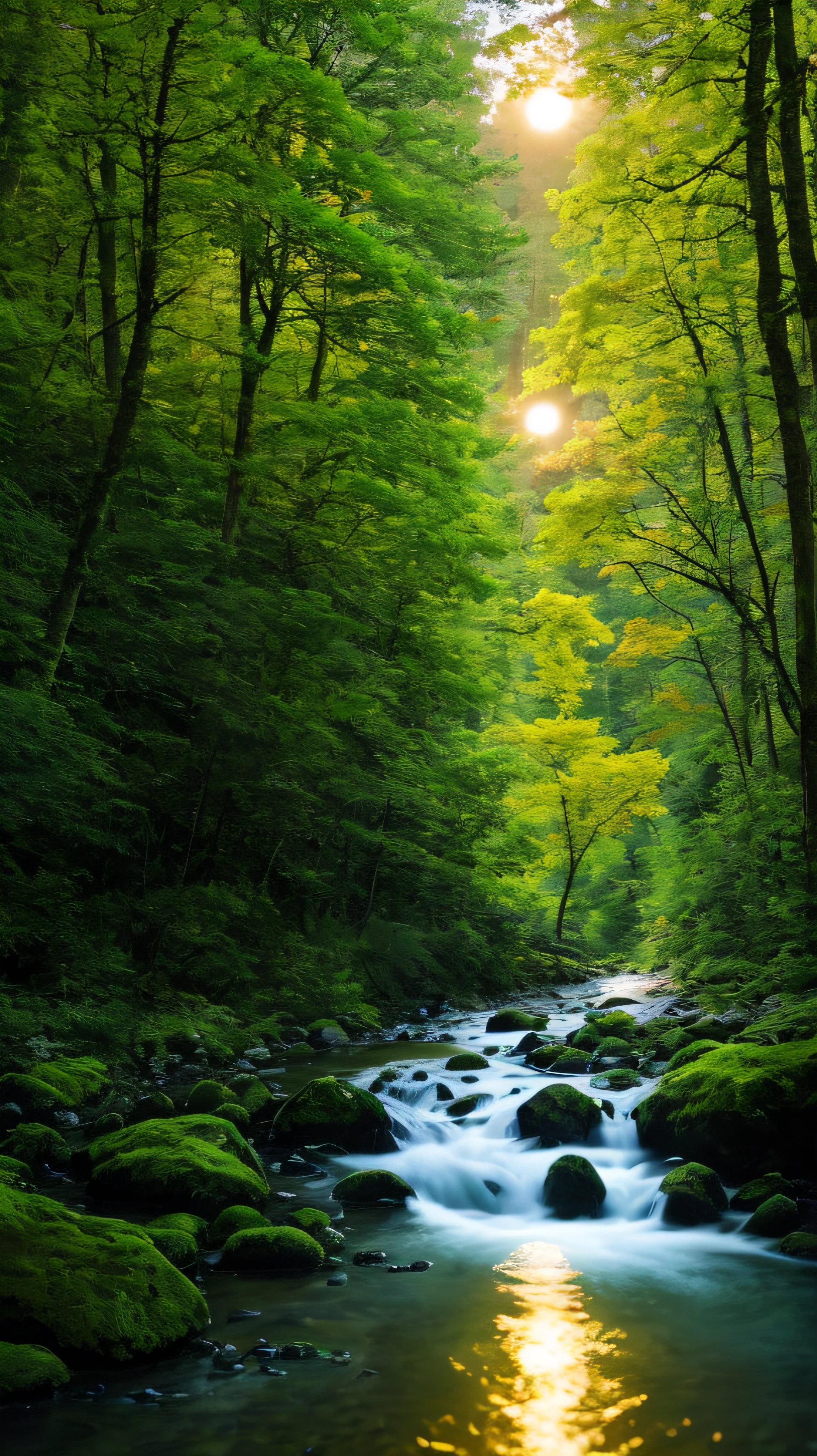 (64K, UHD, ultra wide, natural), (anime pictures, peaceful), sad beautiful forest, river and clear water, birth, wind , sun rise, blue res sky --auto