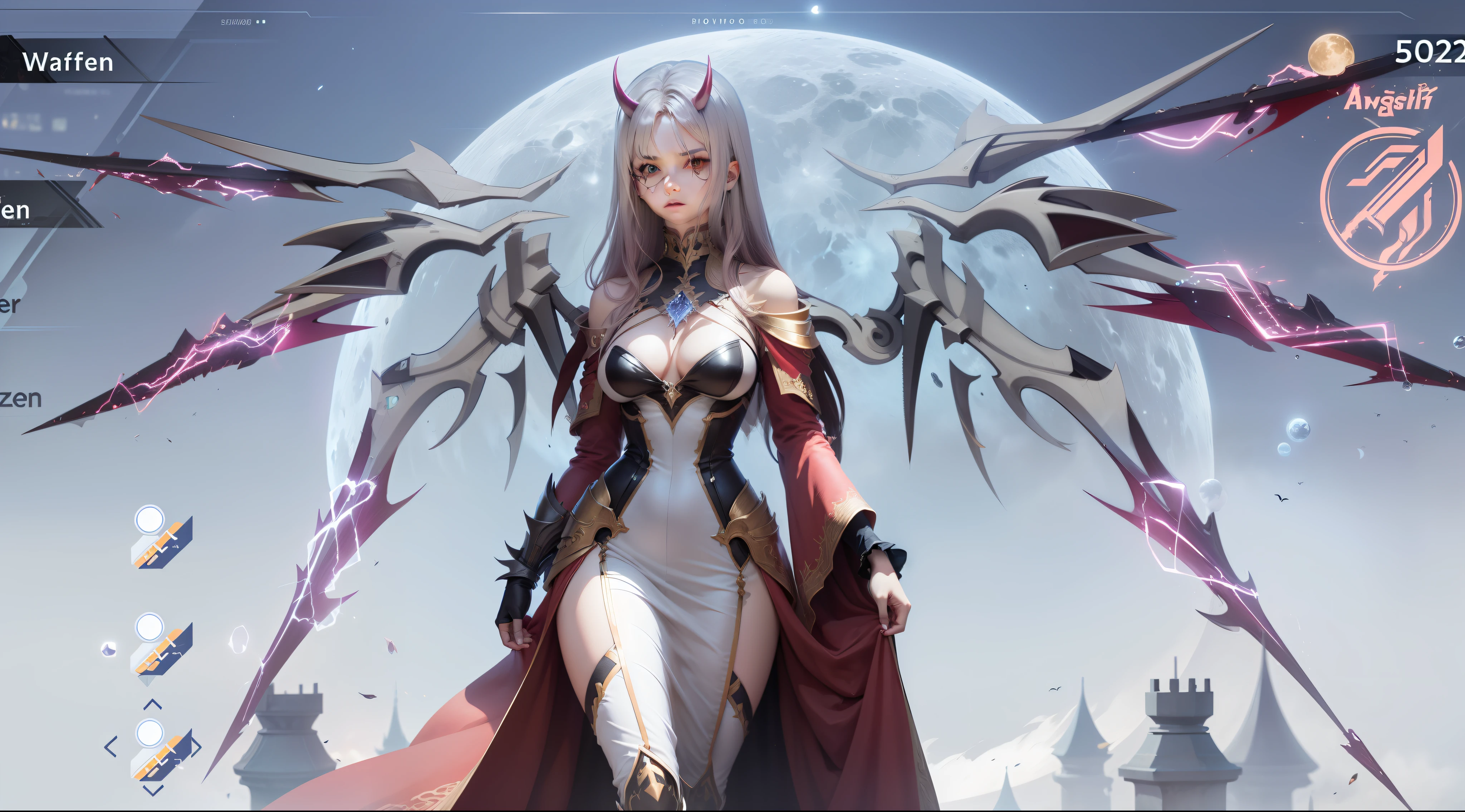 Anime character with horns and a heavy cybe parapet in the colors white dark pink standing in front of a full moon, moon clothes, fantasy outfit, in-game render, astral witch clothes, highly detailed full body, anime very detailed, clear outfit design, hair color white dark pink, 8k octae render photo, beautiful celestial demonin with large black cyborg wings on both sides