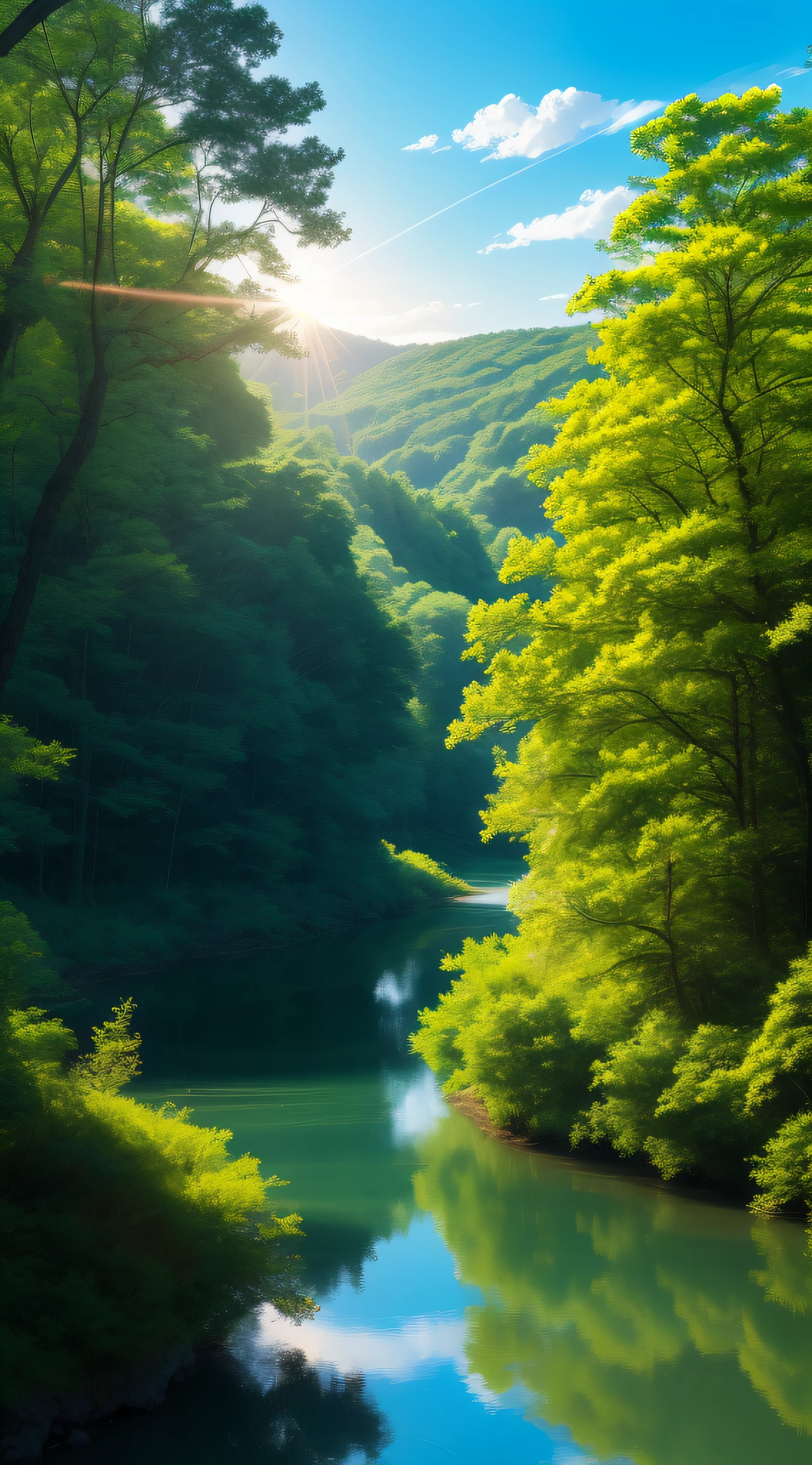 (64K, UHD, ultra wide, natural), (anime pictures, peaceful), sad beautiful forest, river and clear water, birth, wind , sun rise, blue res sky --auto