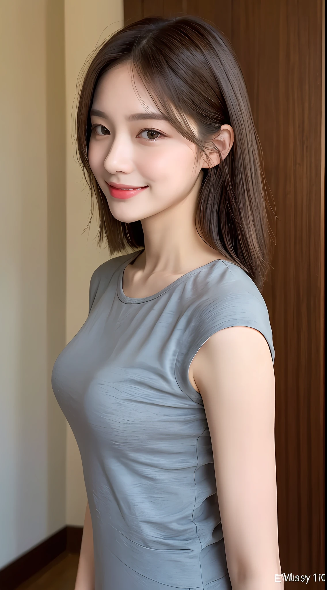 ((Best Quality, 8K, Masterpiece: 1.3)), 1 Girl, Slim Abs Beauty: 1.3, (Hairstyle Casual, Big: 1.2), Dress: 1.1, Super Slender Face, Delicate Eyes, Double Eyelids, Smile, Home, Raw Photo