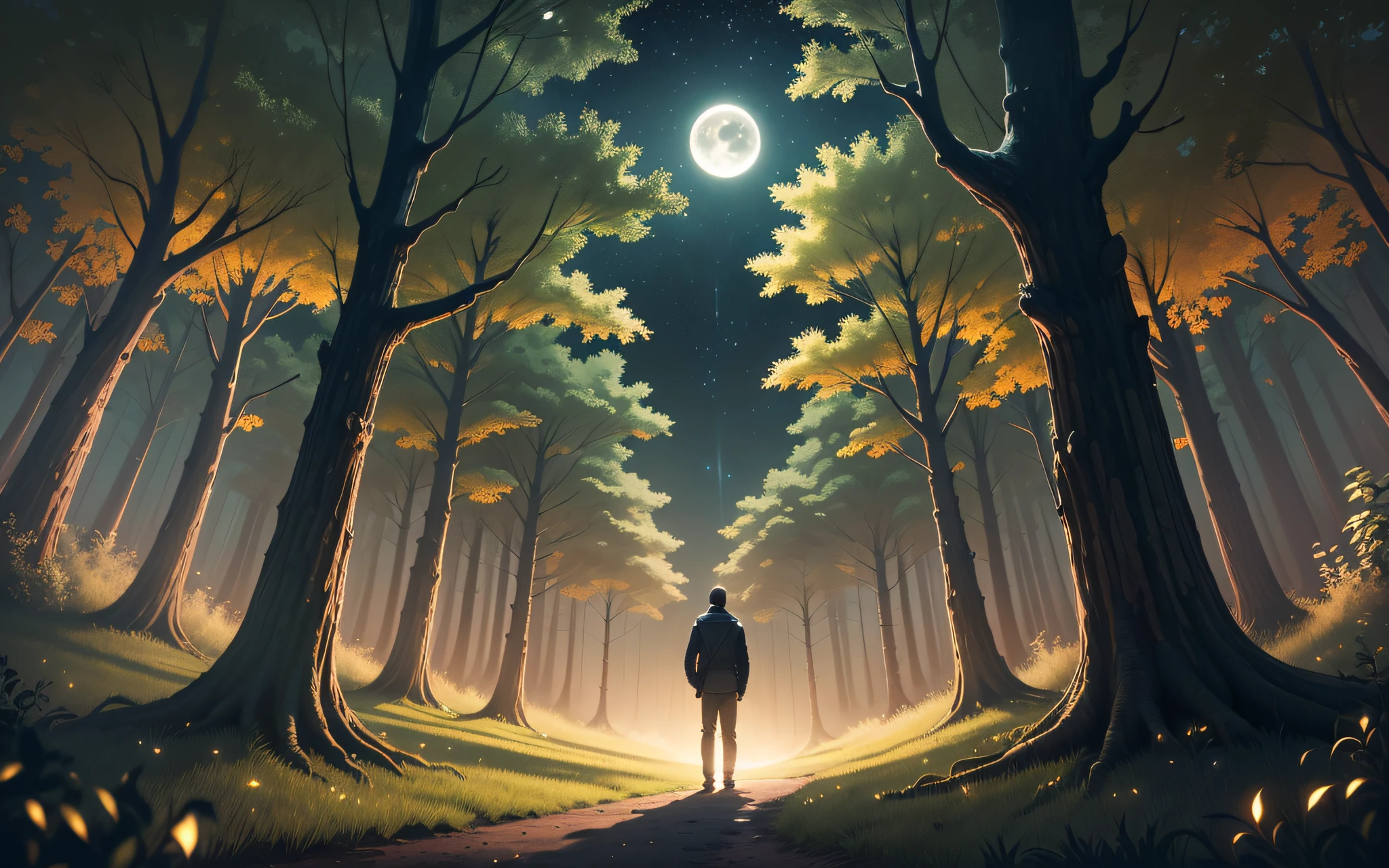 Masterpiece, impeccable quality, solitary male silhouette contemplating, shadowy scene in the forest, bright fireflies, majestic trees, imposing moon.