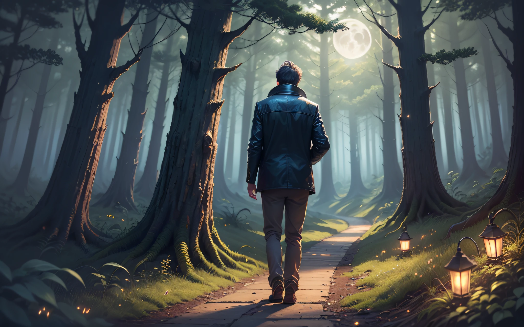 "Masterpiece, impeccable quality, lonely man contemplating, shadowy scene in the forest, bright fireflies, majestic trees, imposing moon, man and moon centered on the scene."