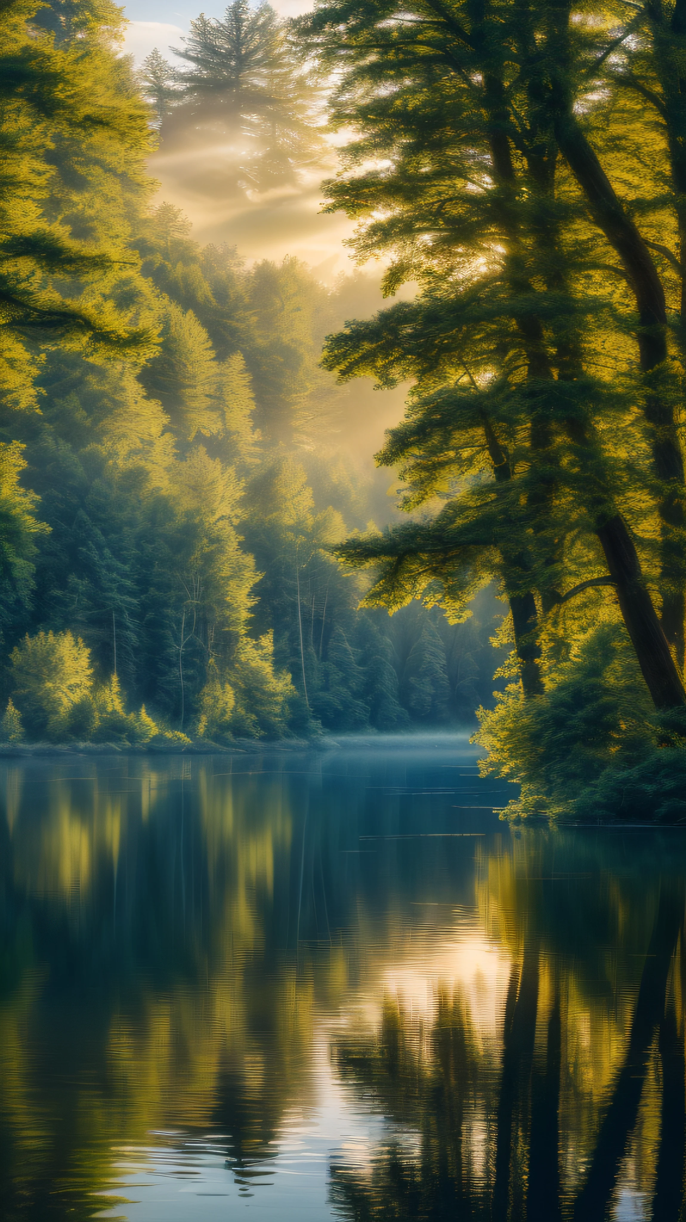(64K, UHD, ultra wide, natural), (anime pictures, peaceful), sad beautiful forest, river and clear water, birth, wind , sun rise, blue res sky --auto