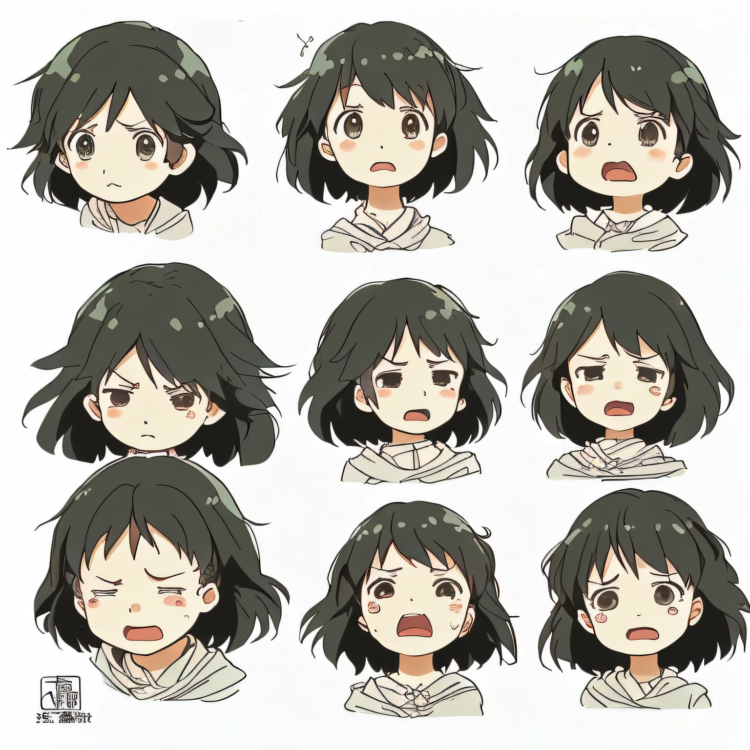white background, character sheet, cute illustration, logo design, intricate details, ghibli style, face only, anger, joy, sadness, surprise, fatigue, expressionless, defiant, tears, patience, love, masterpiece, high quality