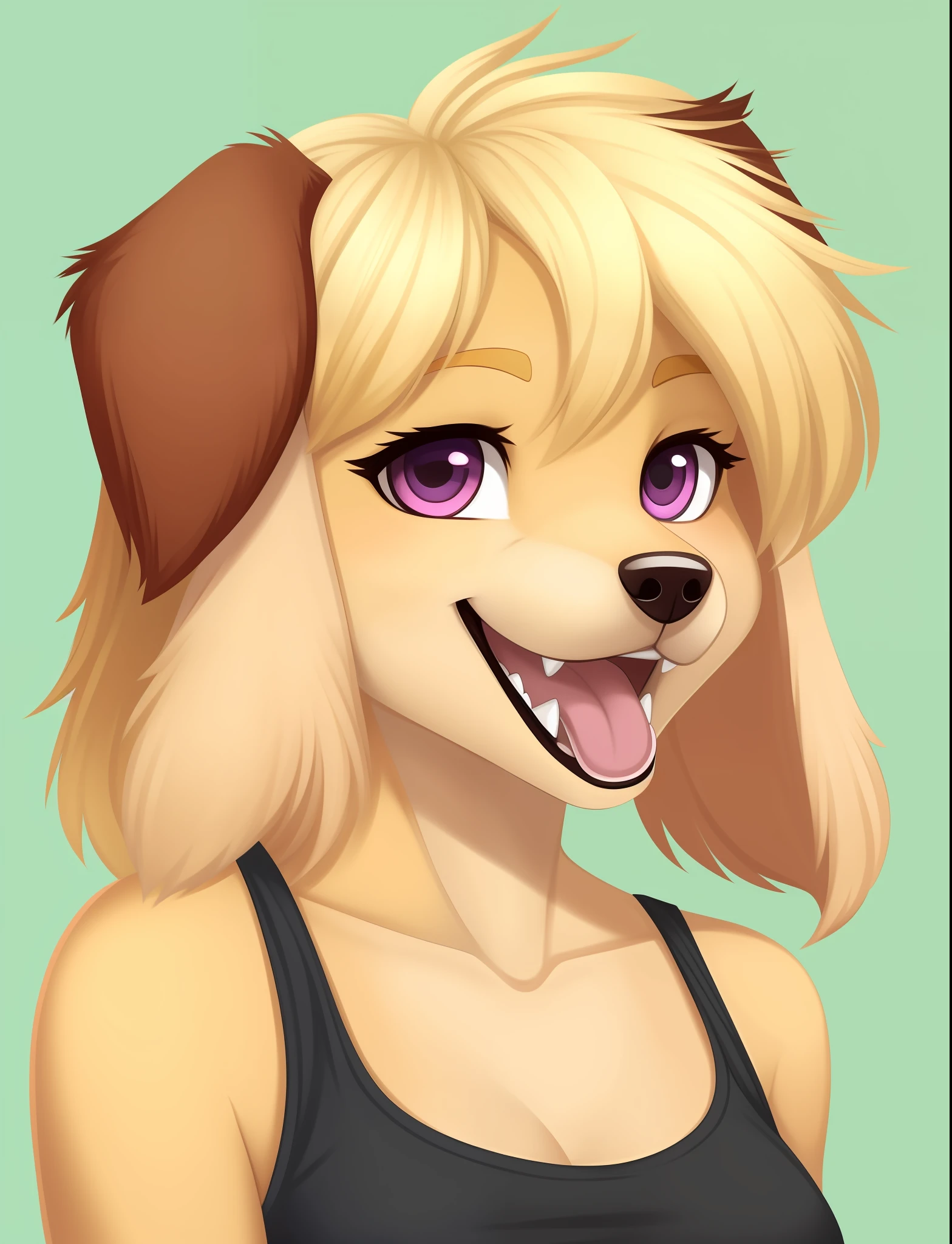 1girl, solo, furry female, tongue, purple eyes, furry, animal ears, dog girl, dog ears, animal nose, upper body, portrait, snout, blonde hair, teeth, collarbone, shirt, black shirt, tank top, open mouth, happy, body fur, fangs, flat color, sleeveless shirt, looking to the side, yellow fur, blonde fur, spaniel, golden retriever, ears as hair, lop ears