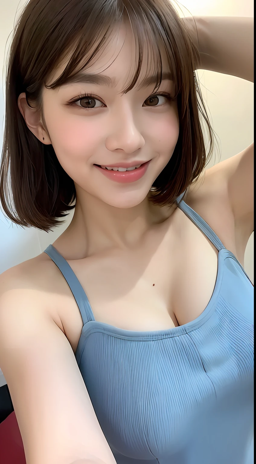 ((Best Quality, 8K, Masterpiece: 1.3)), 1 Girl, Slim Abs Beauty: 1.3, (Hairstyle Brown Hair Shortcut, Big: 1.2), Dress: 1.1, Super Slender Face, Delicate Eyes, Double Eyelids, Smile, Home, Raw Photo