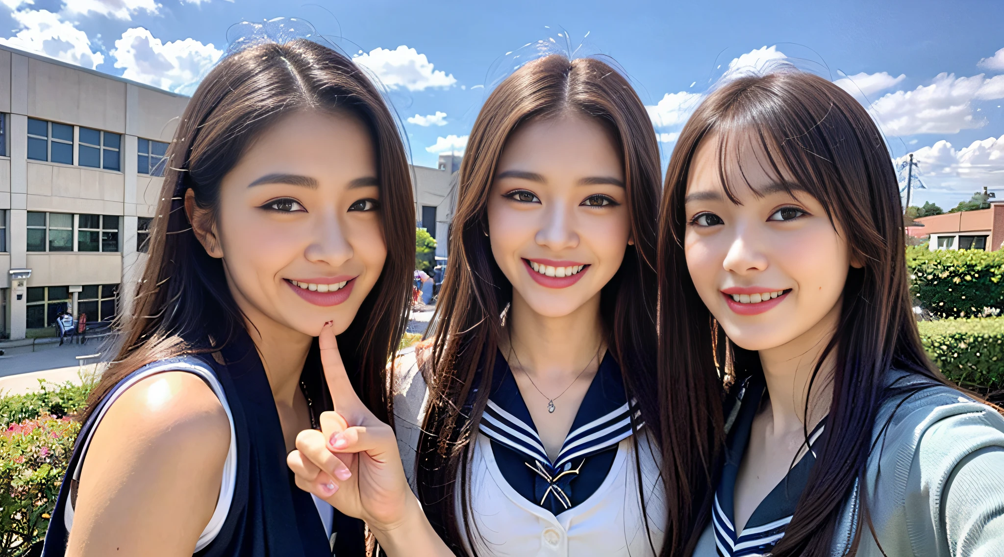 (8k, RAW photos, top quality, masterpiece: 1.2), ultra detail, super resolution, (realistic, actual photos: 1.37), (photorealistic: 1.6), eating lunch on the roof of the school. , Fantastic landscape, modern school uniform, fashionable sailor suit, school rooftop, lunch break, fashionable school, futuristic city, school of the future, future, future world, fantastic world, new world, high resolution RAW color photos, professional photos, very detailed and beautiful, (pointing at the camera), real lights (with arms wide open and palms facing us), smile so much that you can see your teeth, Beautiful scenery mixed with light, very detailed sailor suit, amazingly cute female proofreading, amazing cute smile, transcendent cute face, amazing details, red scarf, very detailed beautiful girls, different pattern face, one is ponytail, modern cute schoolgirl, very detailed face very detailed eyes, very realistic skin, very detailed fingers, very detailed nose, very detailed mouth, Perfect anatomy, highly detailed sailor suit, highly detailed background,after school,。 full of smiles, long straight hair, (dull bangs: 1.2), Celebrity level cuteness, high school girl youth (pink eye shadow)