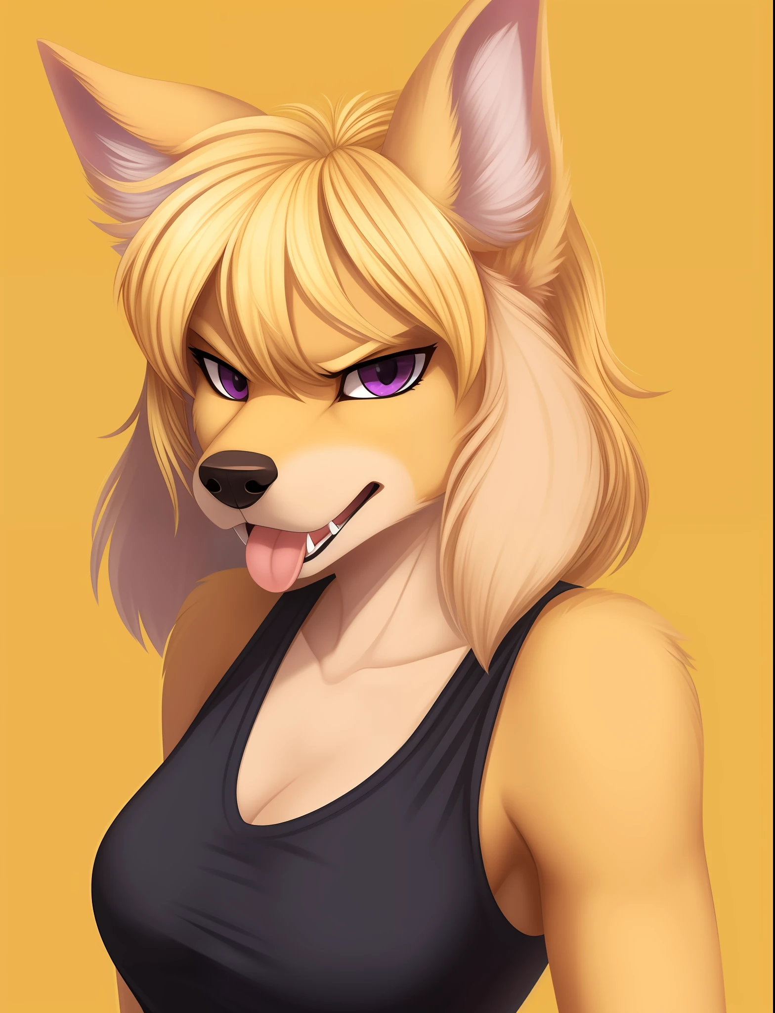 1girl, solo, furry female, tongue, purple eyes, furry, animal ears, dog girl, dog ears, animal nose, upper body, portrait, snout, blonde hair, teeth, collarbone, shirt, black shirt, tank top, angry, snarl, body fur, fangs, flat color, sleeveless shirt, looking at viewer, yellow fur, blonde fur, solid color fur, spaniel, golden retriever, ears as hair, lop ears