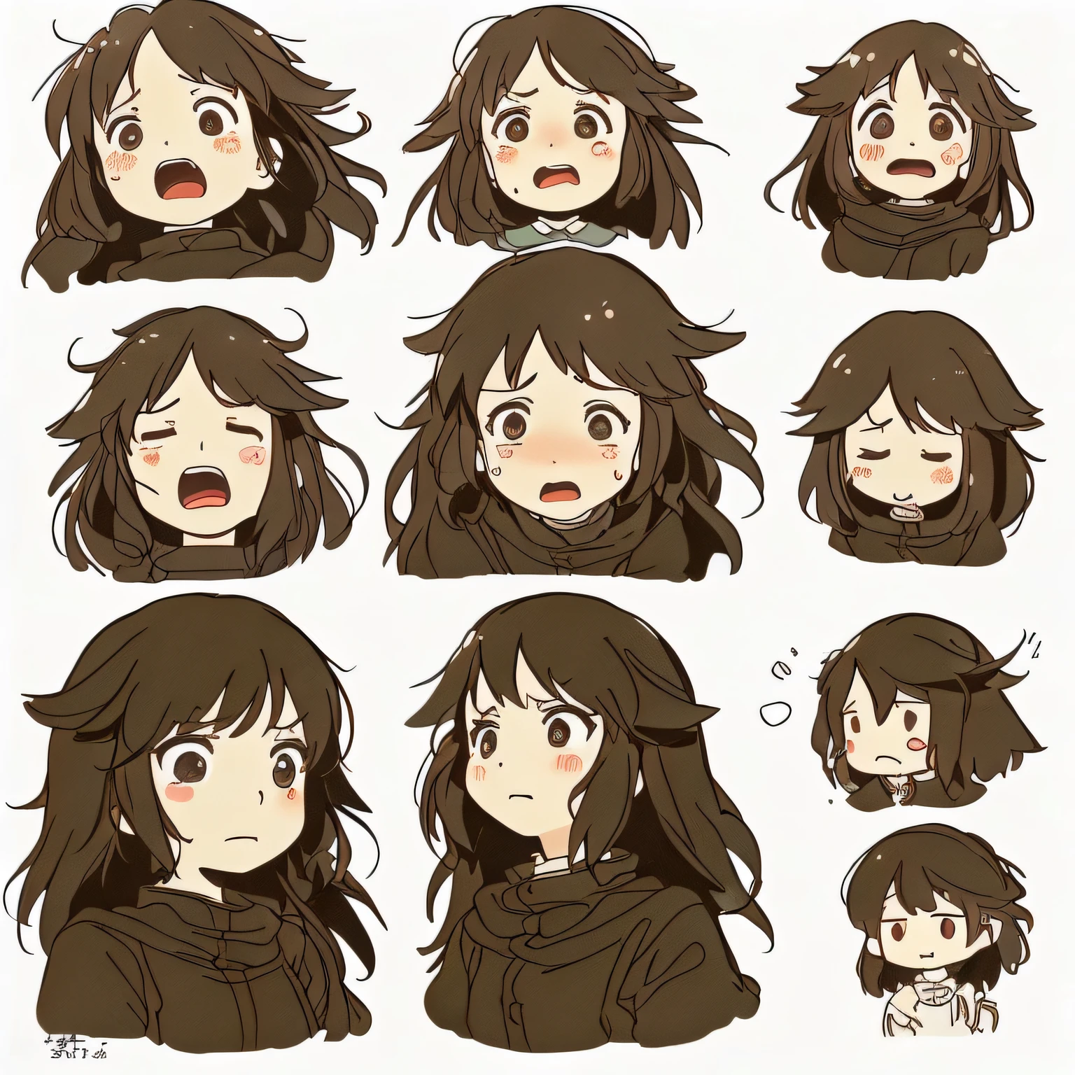 white background, character sheet, cute illustration, logo design, intricate details, ghibli style, face only, anger, joy, sadness, surprise, fatigue, expressionless, defiant, tears, patience, love, masterpiece, high quality