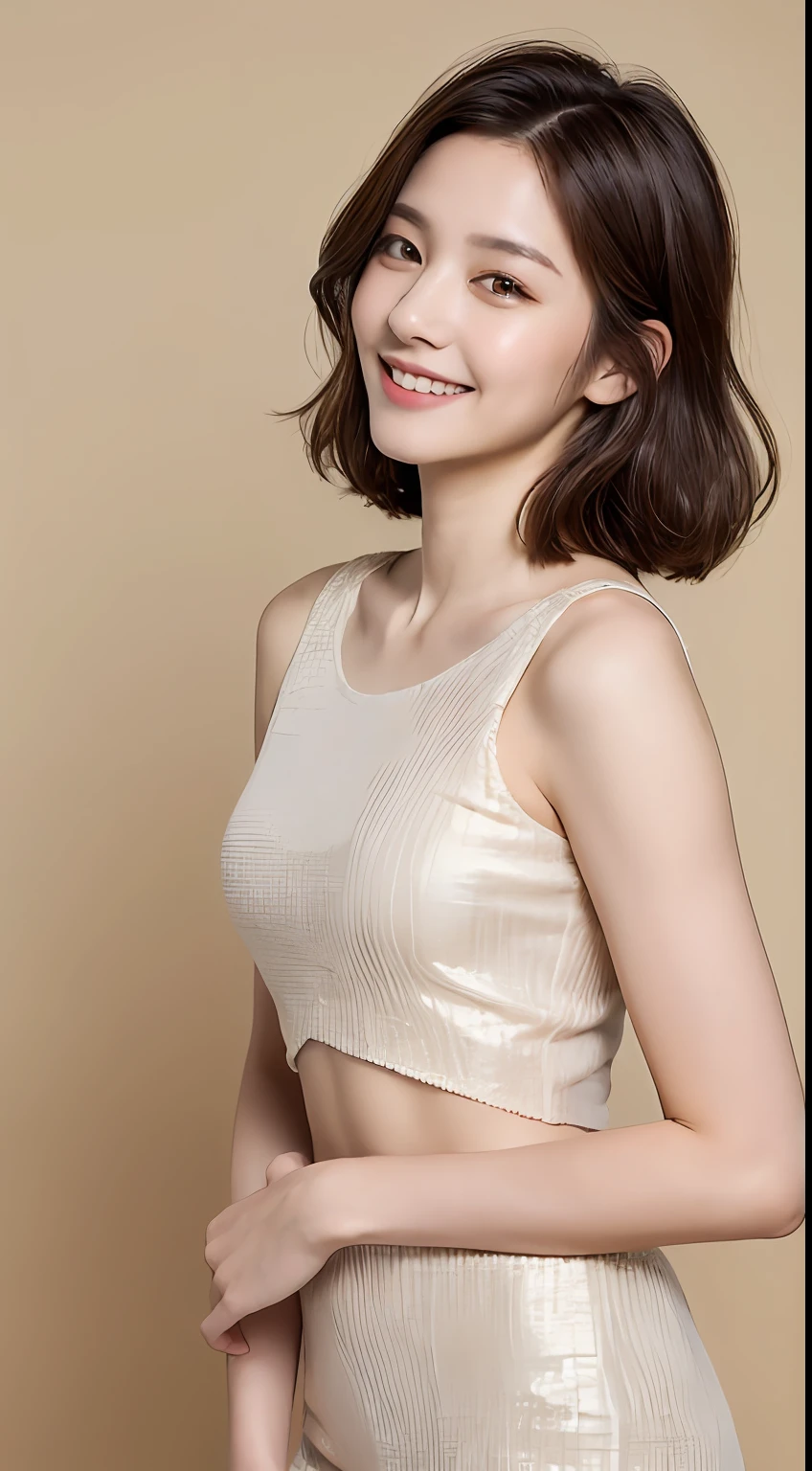 ((Best Quality, 8K, Masterpiece: 1.3)), 1 Girl, Slim Abs Beauty: 1.3, (Hairstyle Brown Hair Shortcut, Big: 1.2), Dress: 1.1, Super Slender Face, Delicate Eyes, Double Eyelids, Smile, Home, Raw Photo