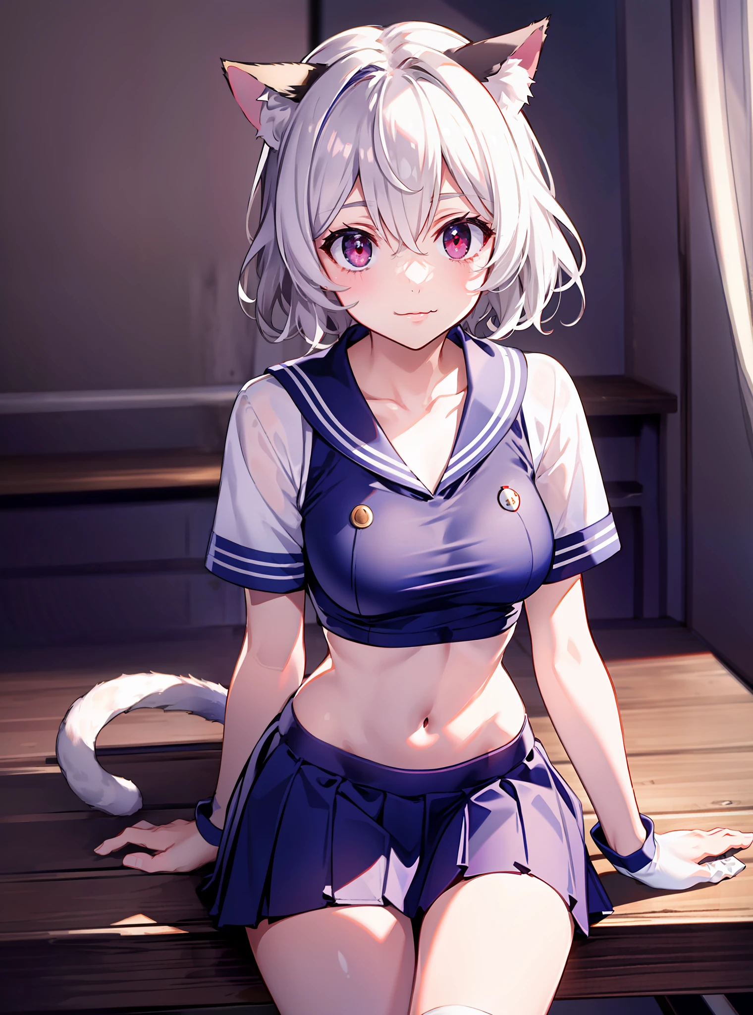 ((Masterpiece)), (Best Quality: 1.7), (detail: 1.4), (High resolution: 1.4), 8K, (color: 1.5), 2D, High resolution, Sharpen image, 4K, HD, neferpitou_hunterxhunter, 1 other, solo, red eyes, white hair, tail, white socks, animal ears, curly hair, hair between eyes, medium breasts, hermaphroditous, short hair, cat ears, blue sailor suit top with navel exposed, cat tail, (((white calf socks)), (narrow eyes), ((slim)), long legs, :3, short skirt, movie lights, (proud)), ((adult characters)), sitting, looking at the audience, front, full body, sneakers