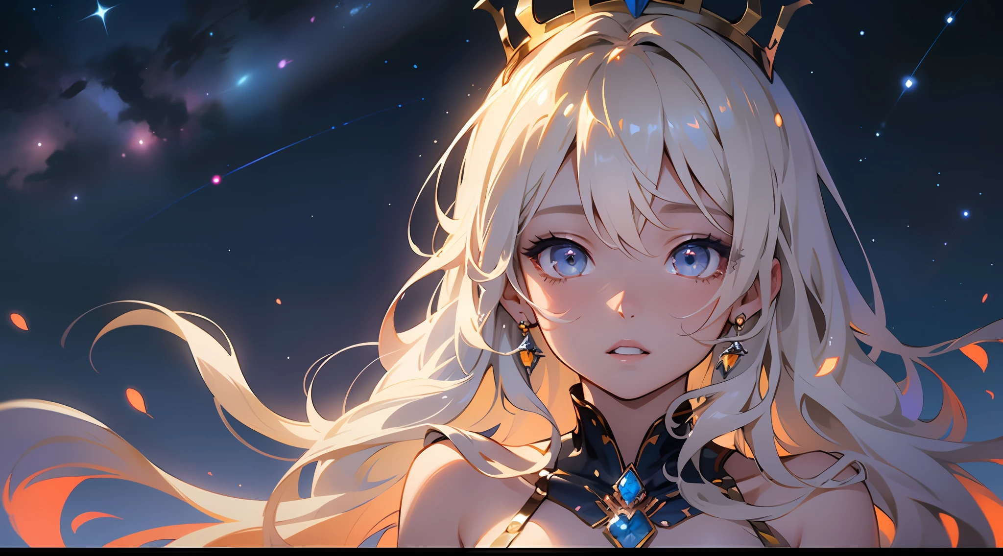 A girl, very detailed face, starry sky background, gorgeous evening dress, starry sky evening dress, starry sky on evening dress, queen girl, crown, delicate eyes, high quality, masterpiece, bust photo, magnificent, anime, illustration, CG, starry sky long hair, starry sky in hair