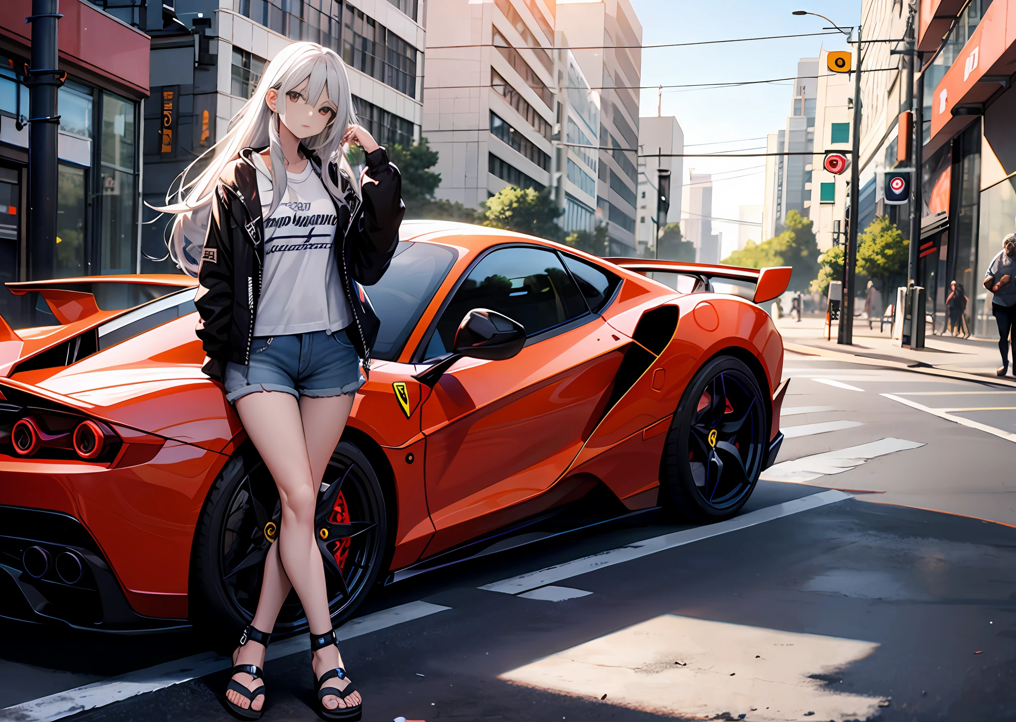 1 white long hair, goddess, shirt, denim shorts, sandals, street, sports car, Ferrari, cool supercar, urban style