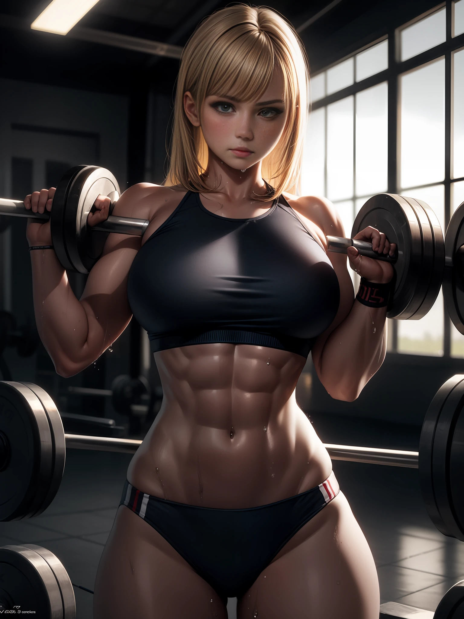 masterpiece,ultra detailed,realistic photo, 1beautiful girl, weightlifting uniform,detailed light color hair, big eyes, small delicate head,shiny skins,large breasts,tone abs,wet skins sweat,weightlifting venue,strong contrast